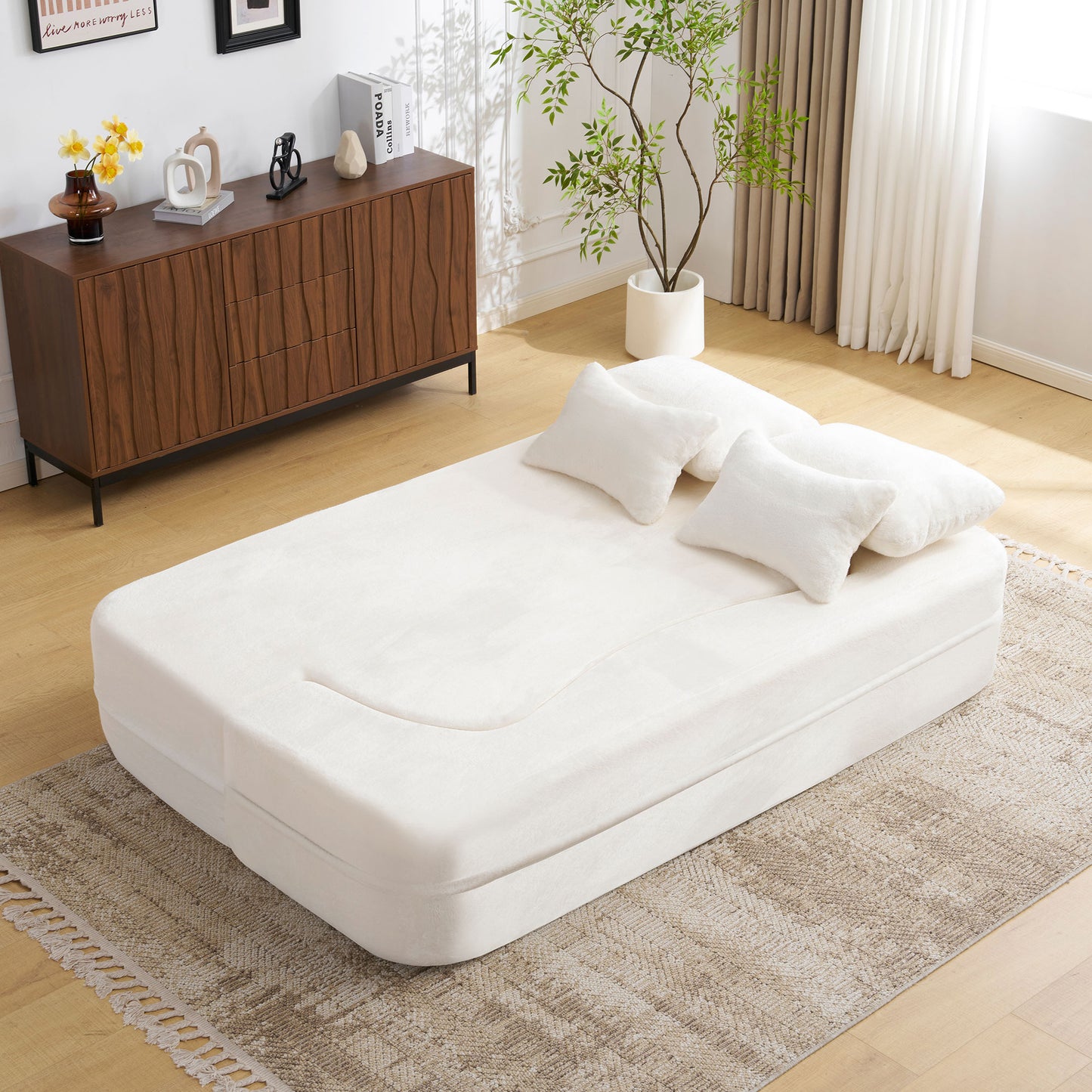 White Folding Foam Futon Sofa Bed for Living Room Guests