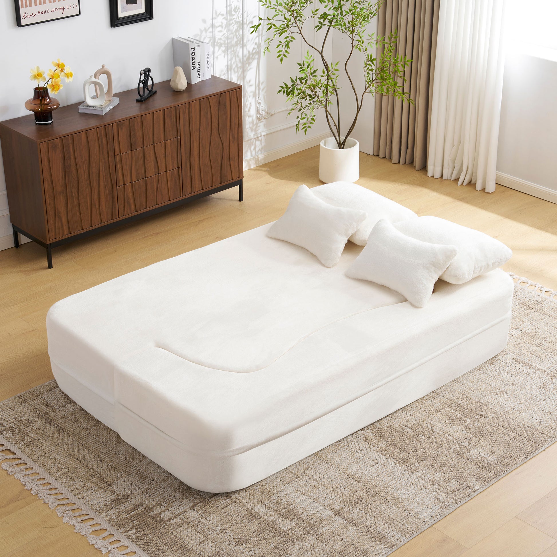 White Folding Foam Futon Sofa Bed for Living Room Guests