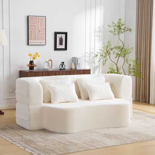 Queen Size Modern White Floor Sofa with 4 Pillows, Plush Fabric Futon Sofa Couch, High-Density Foam Folding Mattress for Living Room,Guest, Bedroom,No Assembly Required