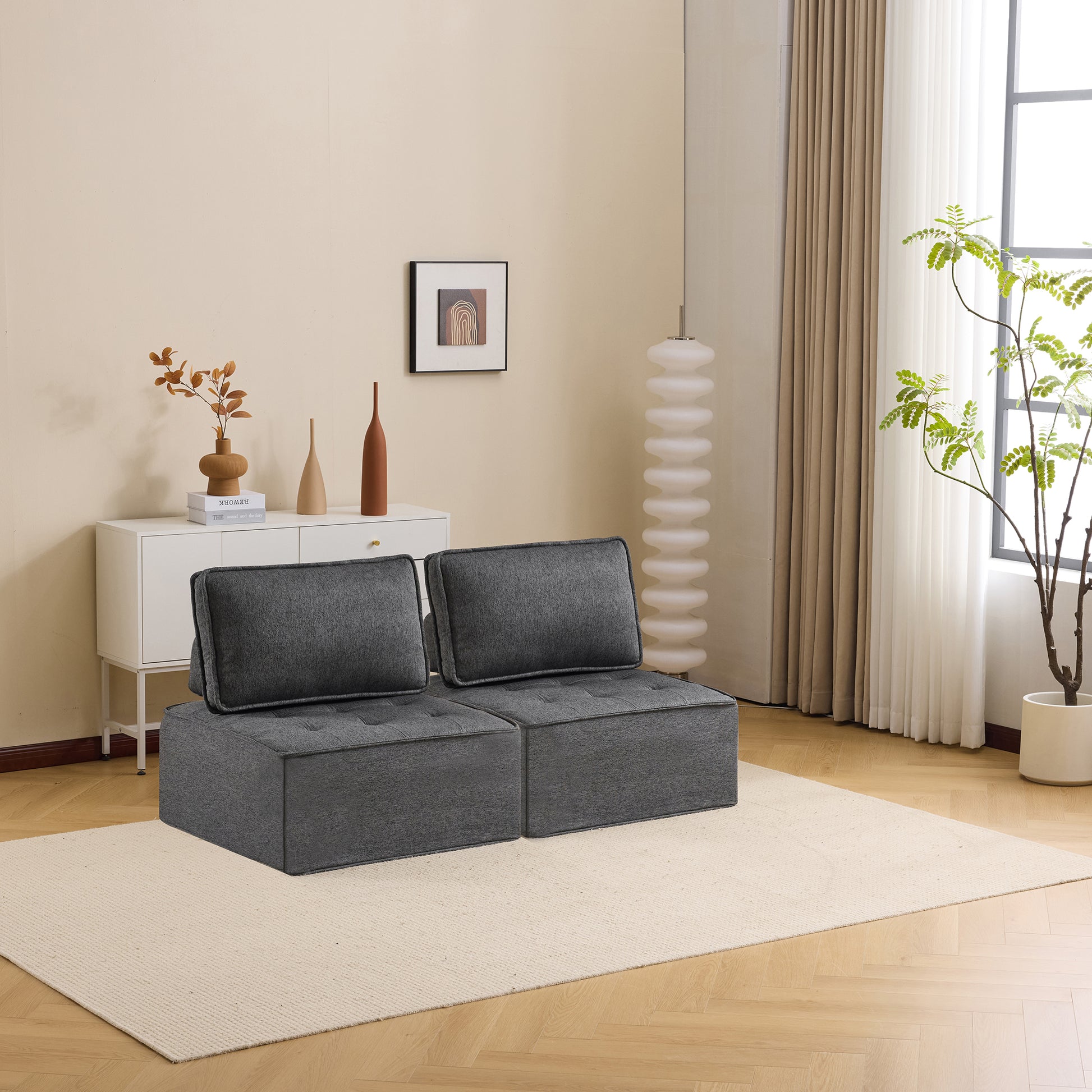 Dark Grey Linen Wood Frame Sofa - Modular Design for Living Room