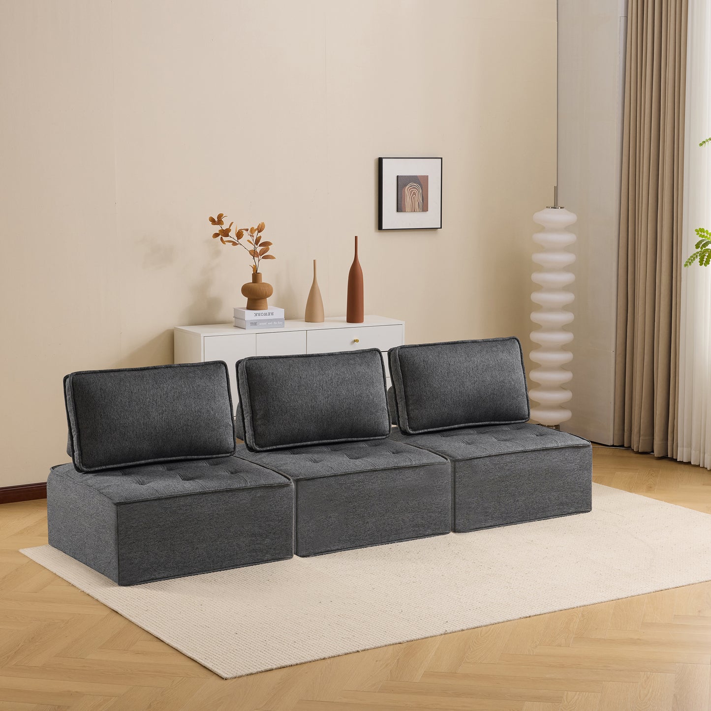 Dark Grey Linen Wood Frame Sofa - Modular Design for Living Room