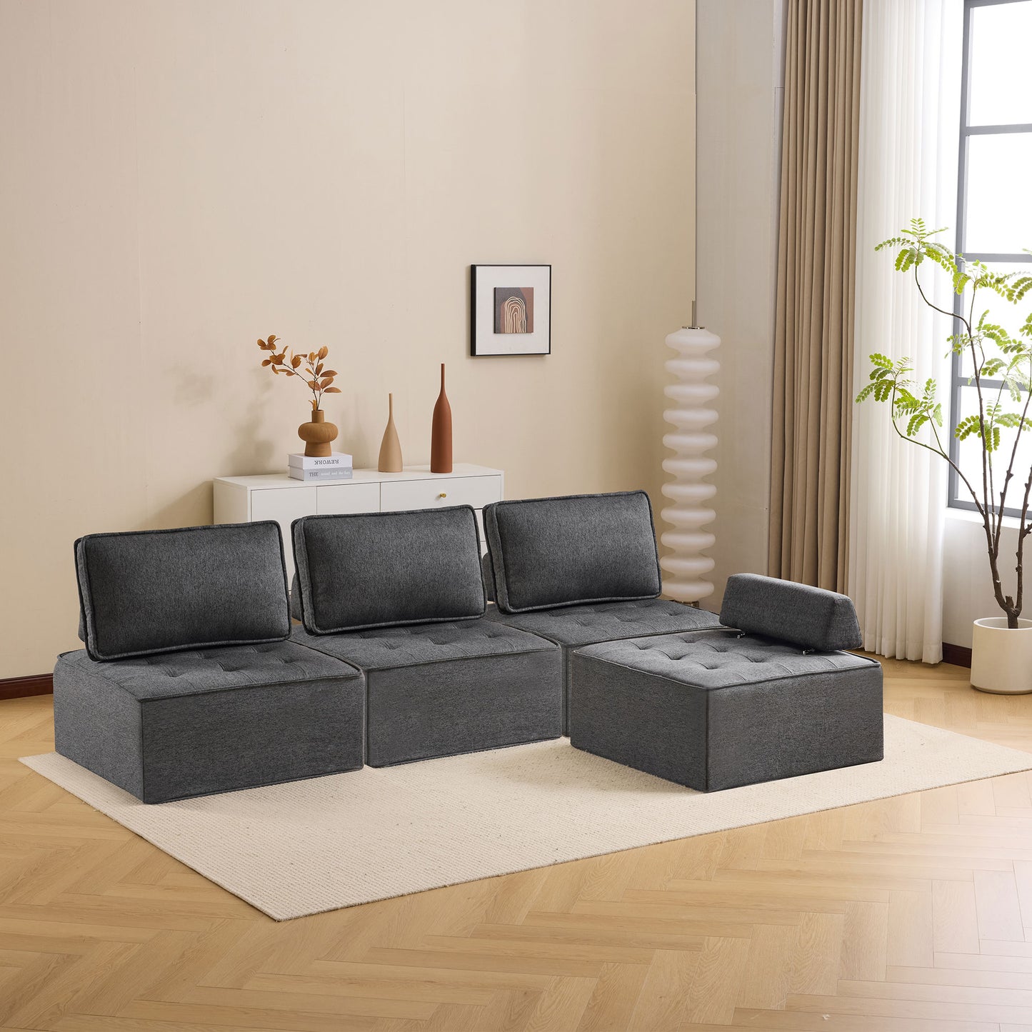 Dark Grey Linen Wood Frame Sofa - Modular Design for Living Room