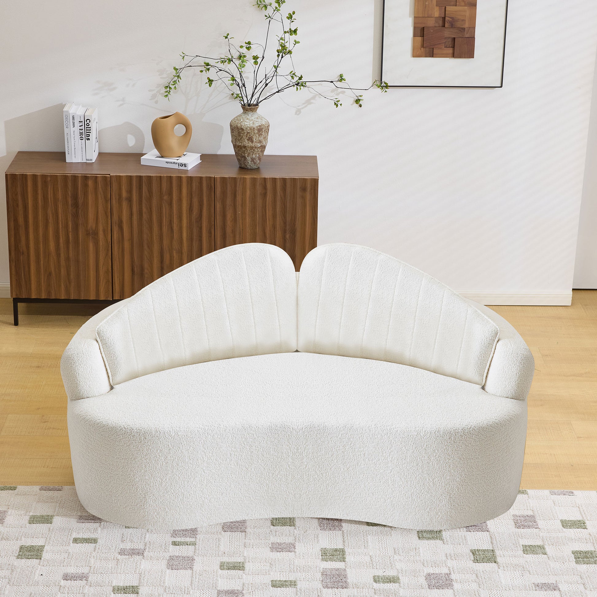 Curved two-seater fully compressed sofa, long-term sitting without collapse, removable backrest, white chenille fabric, simple, retro style, suitable for small spaces and apartments