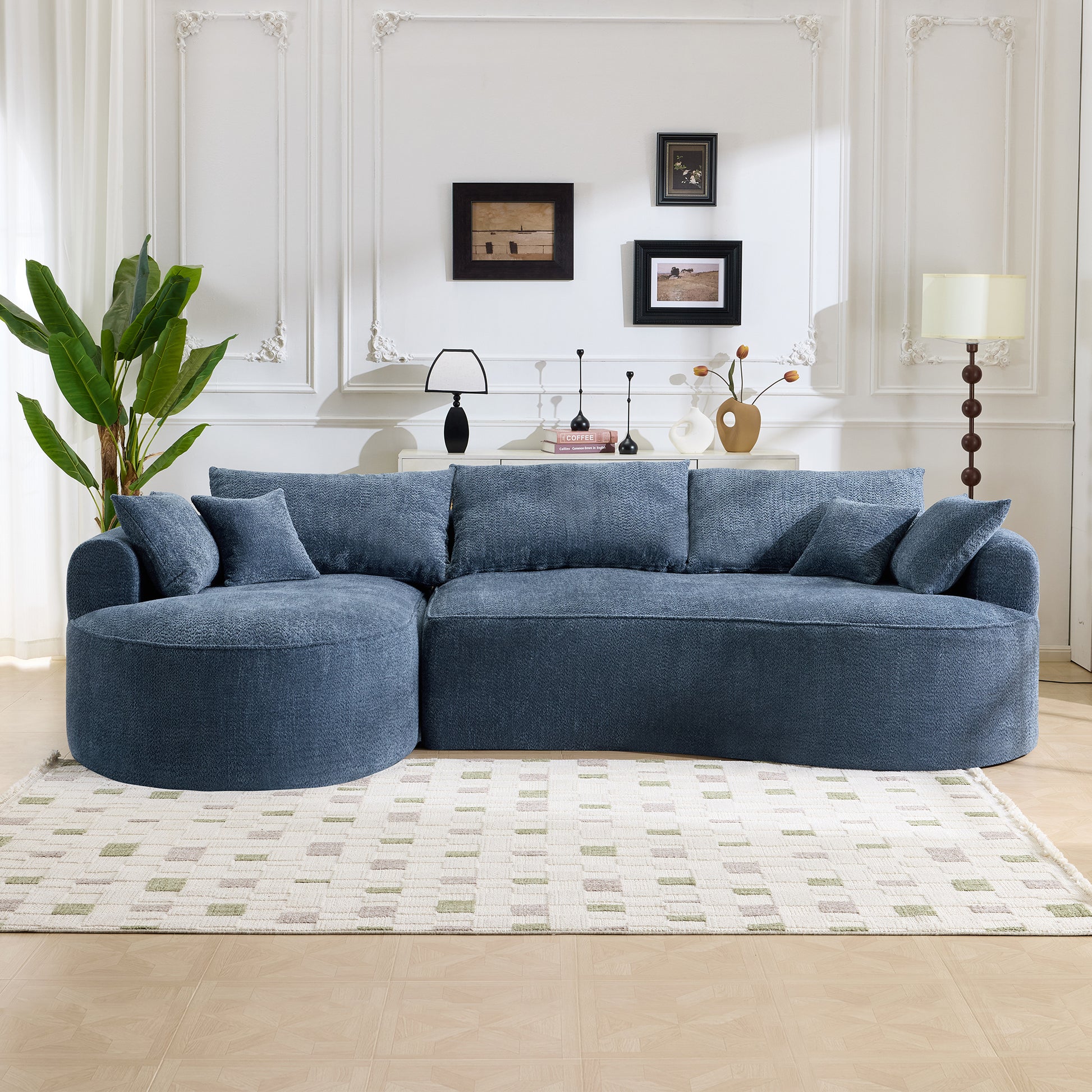 Blue Minimalist Curved Sofa, Chenille Upholstery, 5 Seat Living Room Seating