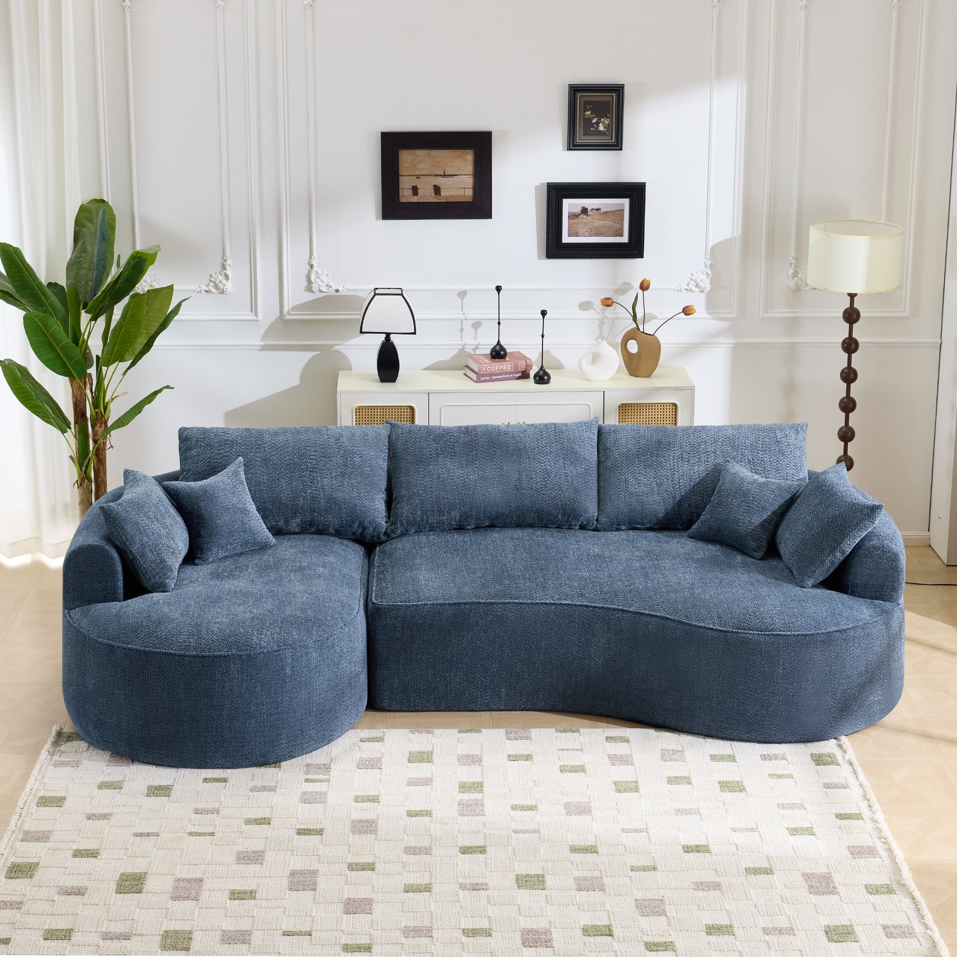 Blue Minimalist Curved Sofa, Chenille Upholstery, 5 Seat Living Room Seating