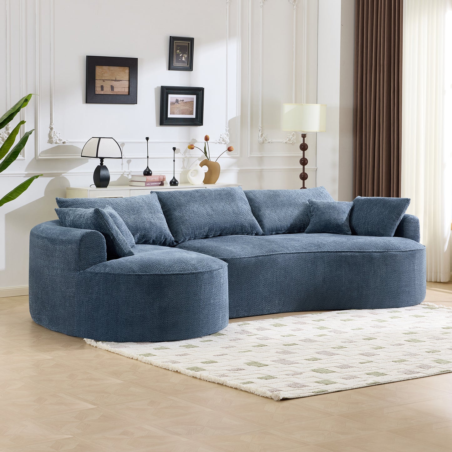 Blue Minimalist Curved Sofa, Chenille Upholstery, 5 Seat Living Room Seating