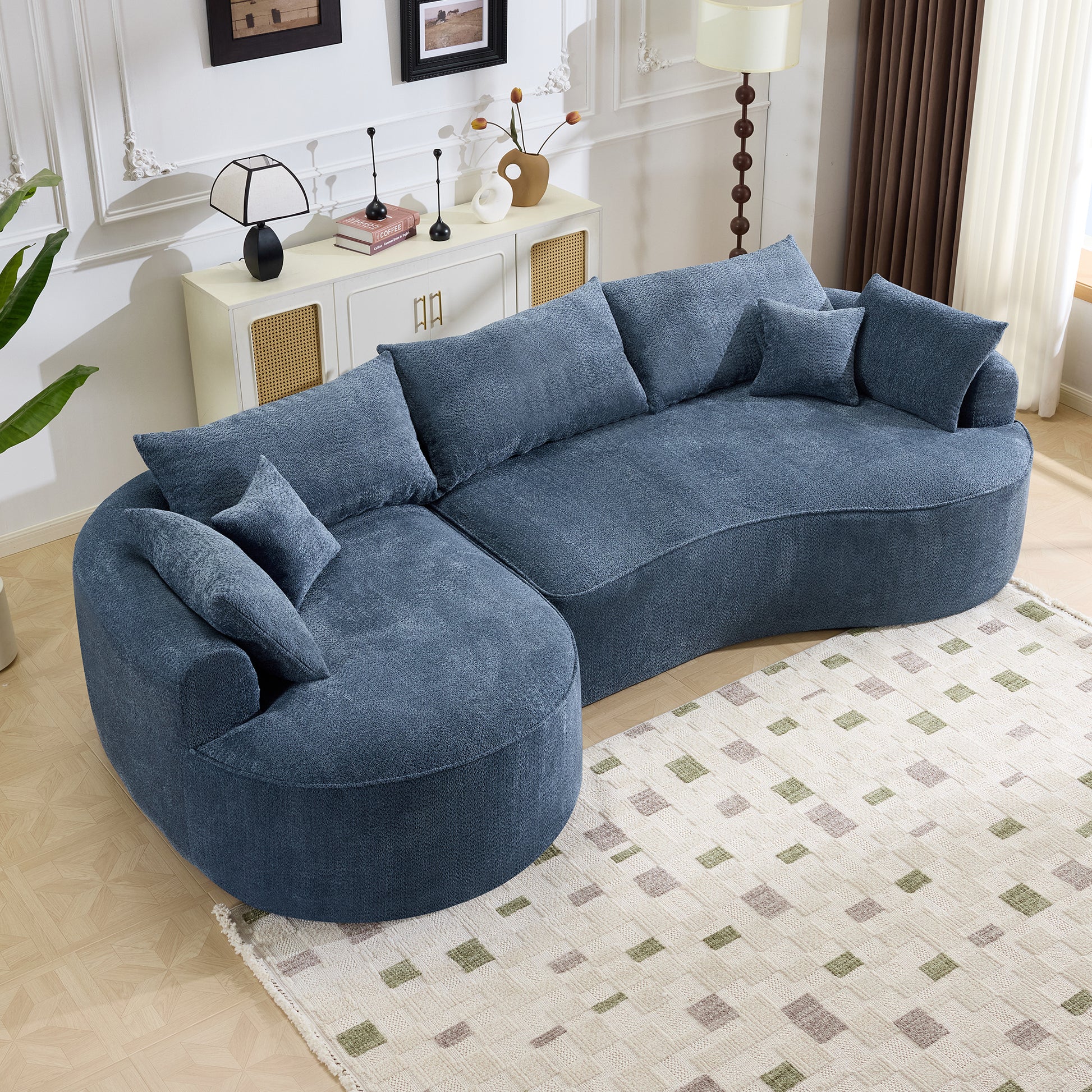 Blue Minimalist Curved Sofa, Chenille Upholstery, 5 Seat Living Room Seating