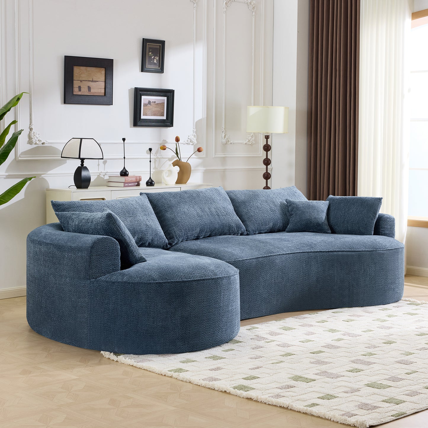 Blue Minimalist Curved Sofa, Chenille Upholstery, 5 Seat Living Room Seating