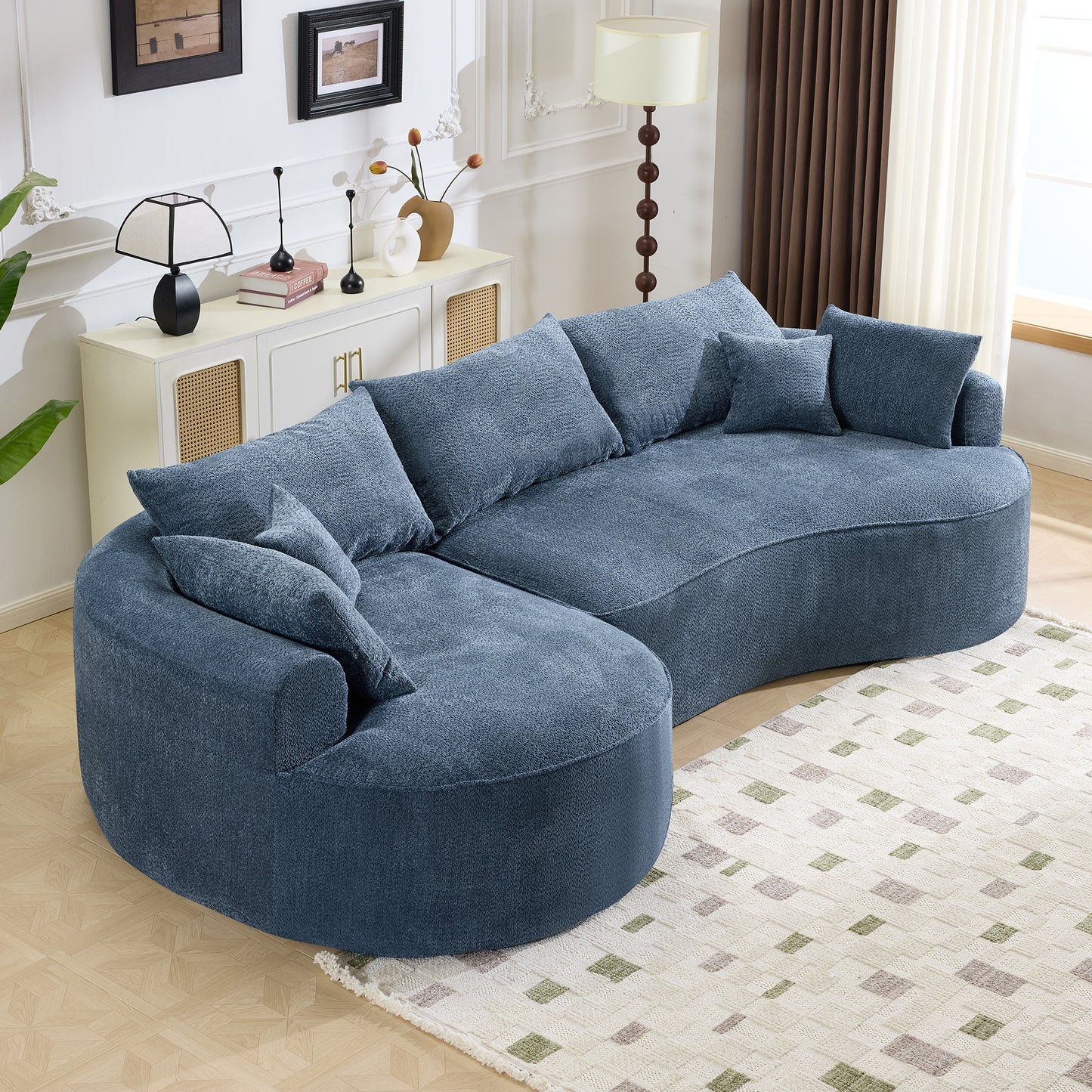 Blue Minimalist Curved Sofa, Chenille Upholstery, 5 Seat Living Room Seating