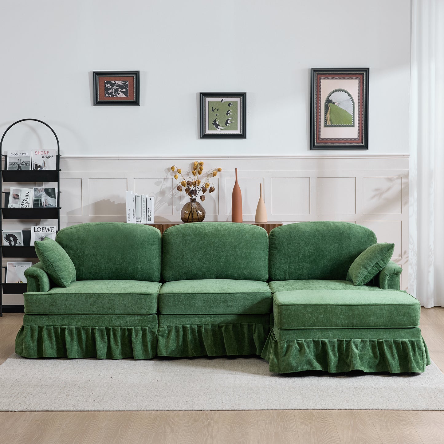 103.15'' Modern Sectional Sofa with Removable Ruffled Pleated Skirt, Chenille Cloud Sofa, Ottoman and Flared Arms, 4-Seat L-Shaped Fabric Sofa for Living Room and Bedroom, green