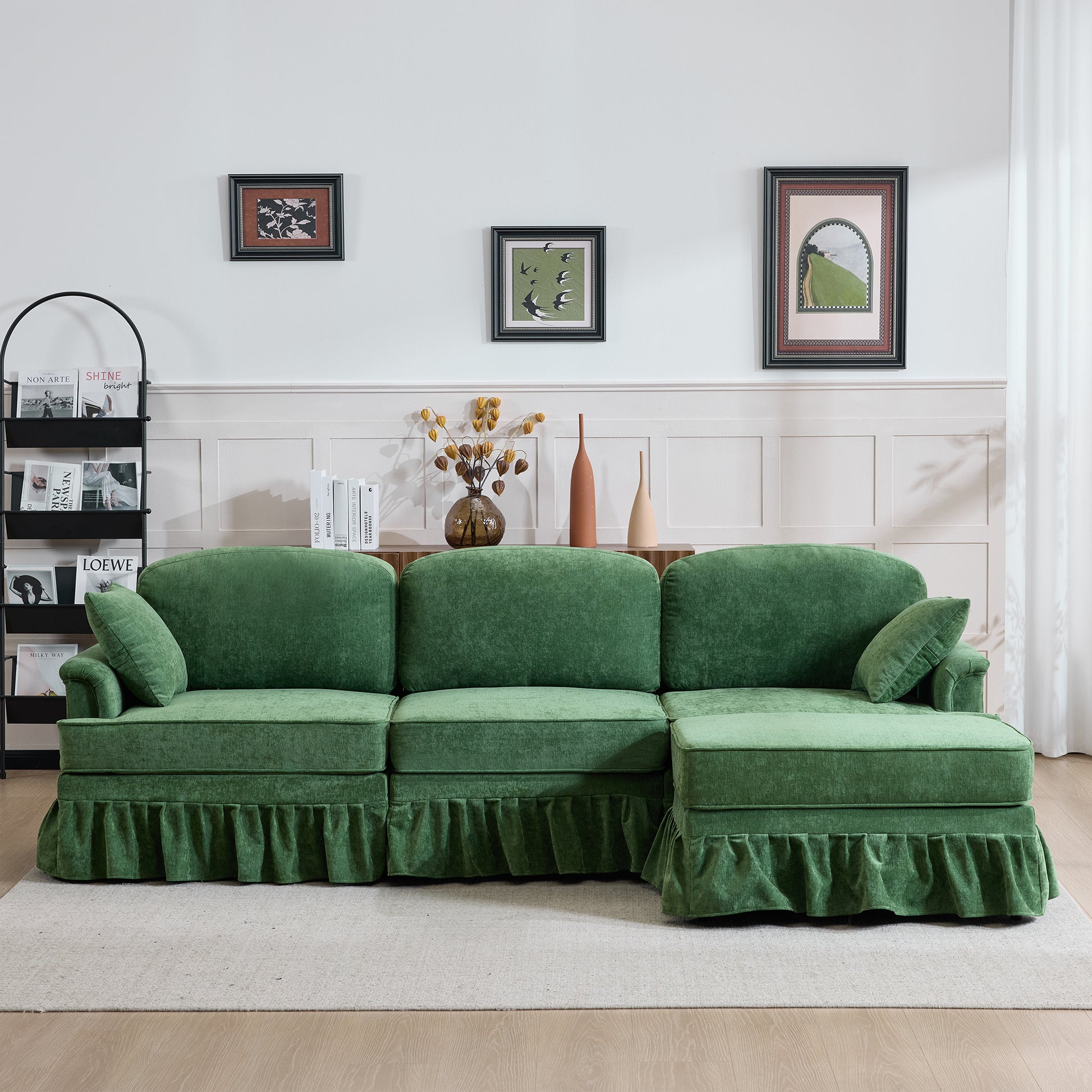 103.15'' Modern Sectional Sofa with Removable Ruffled Pleated Skirt, Chenille Cloud Sofa, Ottoman and Flared Arms, 4-Seat L-Shaped Fabric Sofa for Living Room and Bedroom, green