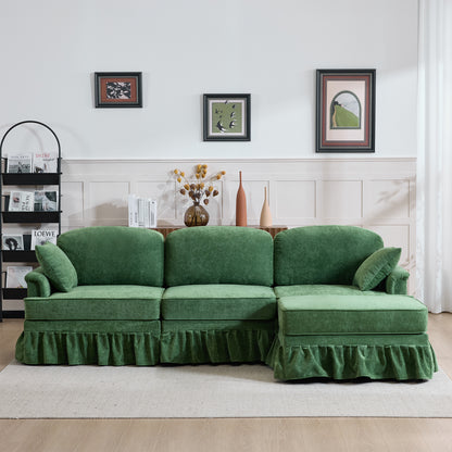 103.15'' Modern Sectional Sofa with Removable Ruffled Pleated Skirt, Chenille Cloud Sofa, Ottoman and Flared Arms, 4-Seat L-Shaped Fabric Sofa for Living Room and Bedroom, green