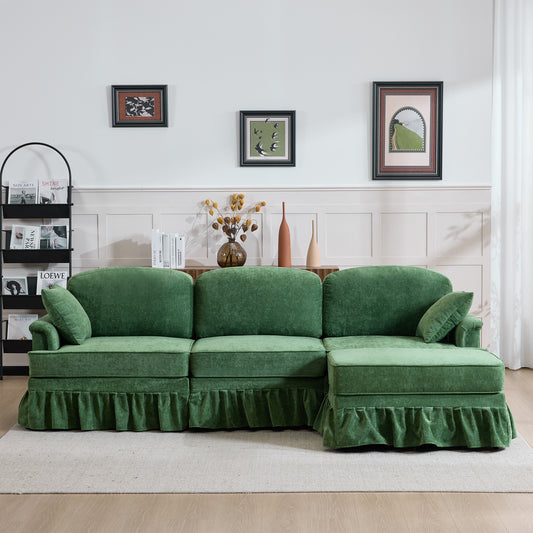 103.15'' Modern Sectional Sofa with Removable Ruffled Pleated Skirt, Chenille Cloud Sofa, Ottoman and Flared Arms, 4-Seat L-Shaped Fabric Sofa for Living Room and Bedroom, green