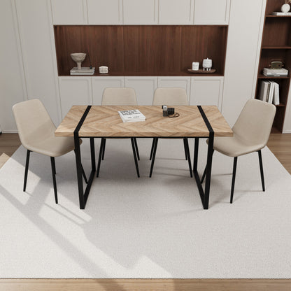 59" MDF light wood dining table and modern dining chair 4-piece set, medieval wooden kitchen dining table set, rectangular metal base, dining table and suede chair