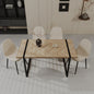 59" MDF light wood dining table and modern dining chair set of 4 pieces, medieval wooden kitchen dining table set, black rectangular metal base, dining table and suede chair set