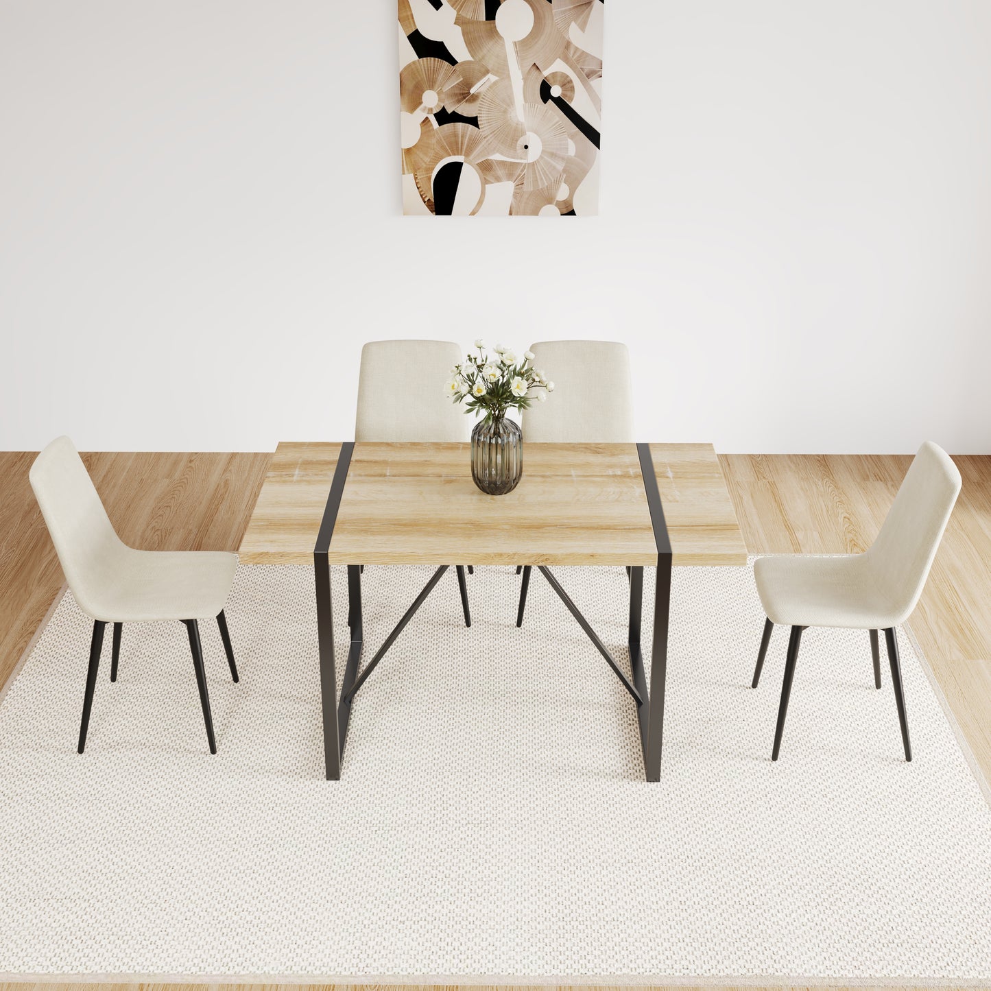5-Piece Dining Table Set - Natural Beige MDF, 4 Chairs