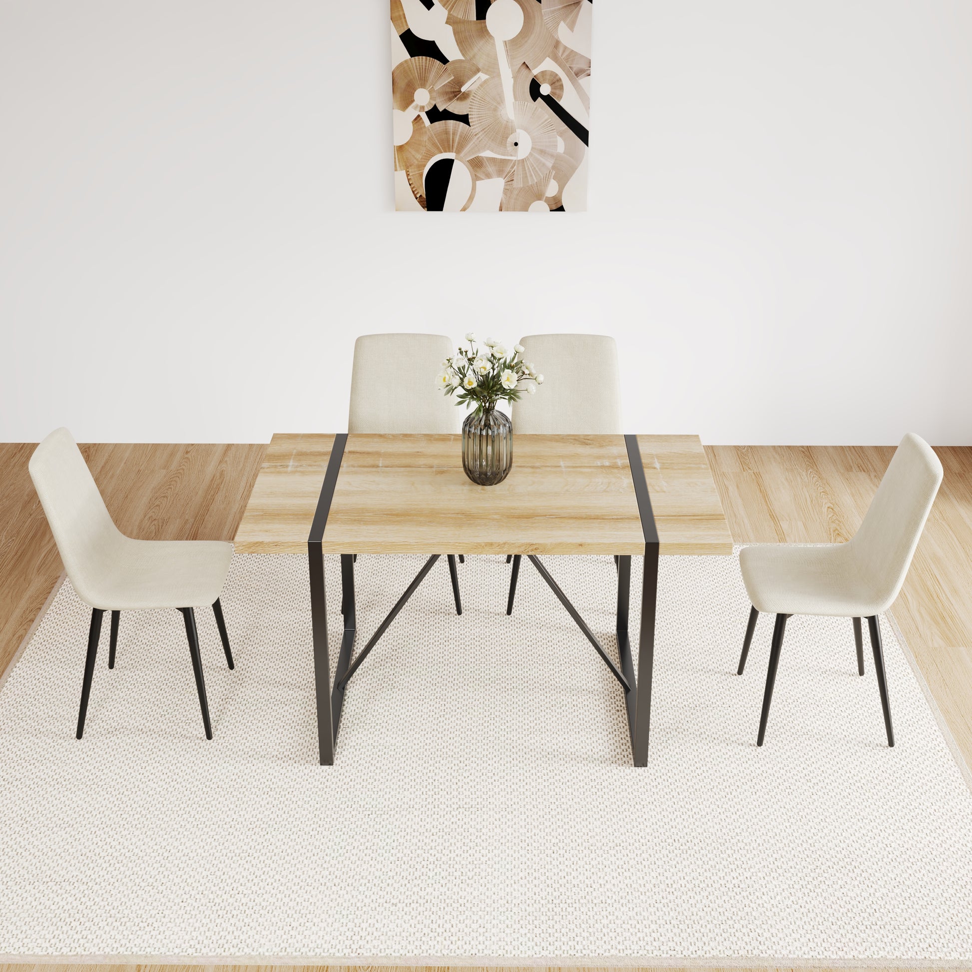 5-Piece Dining Table Set - Natural Beige MDF, 4 Chairs