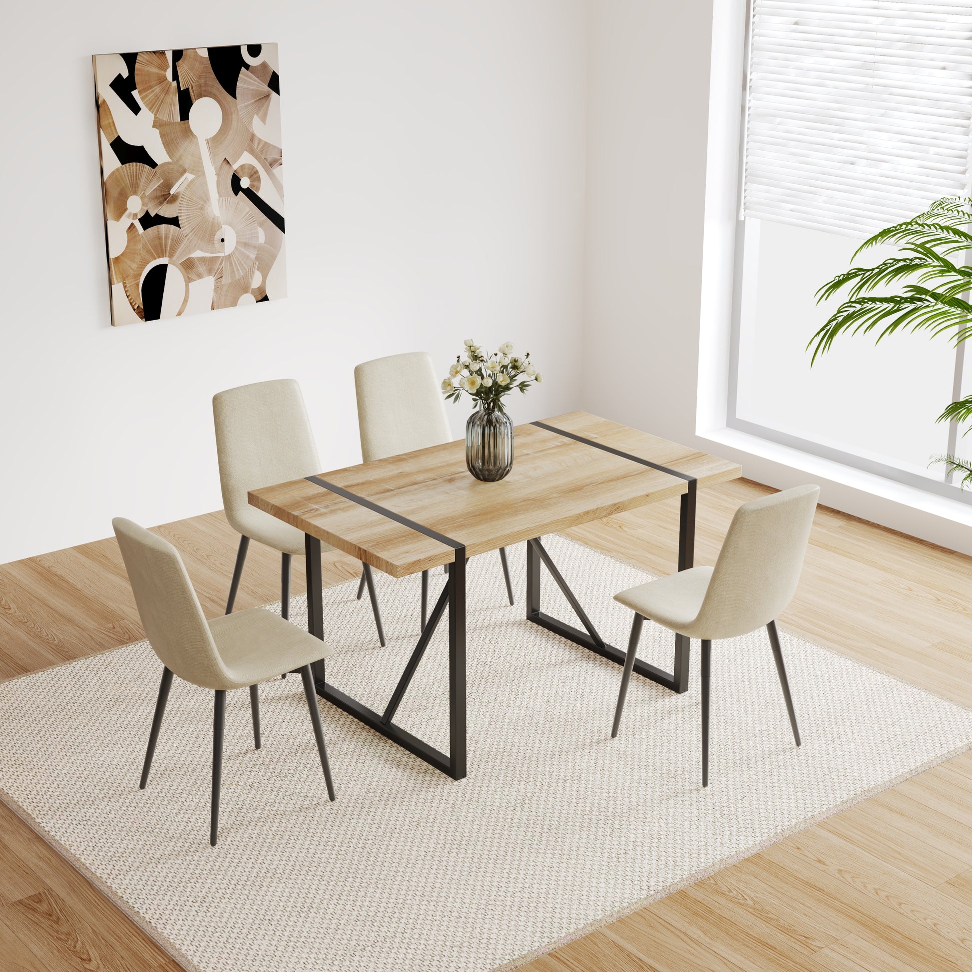 5-Piece Dining Table Set - Natural Beige MDF, 4 Chairs