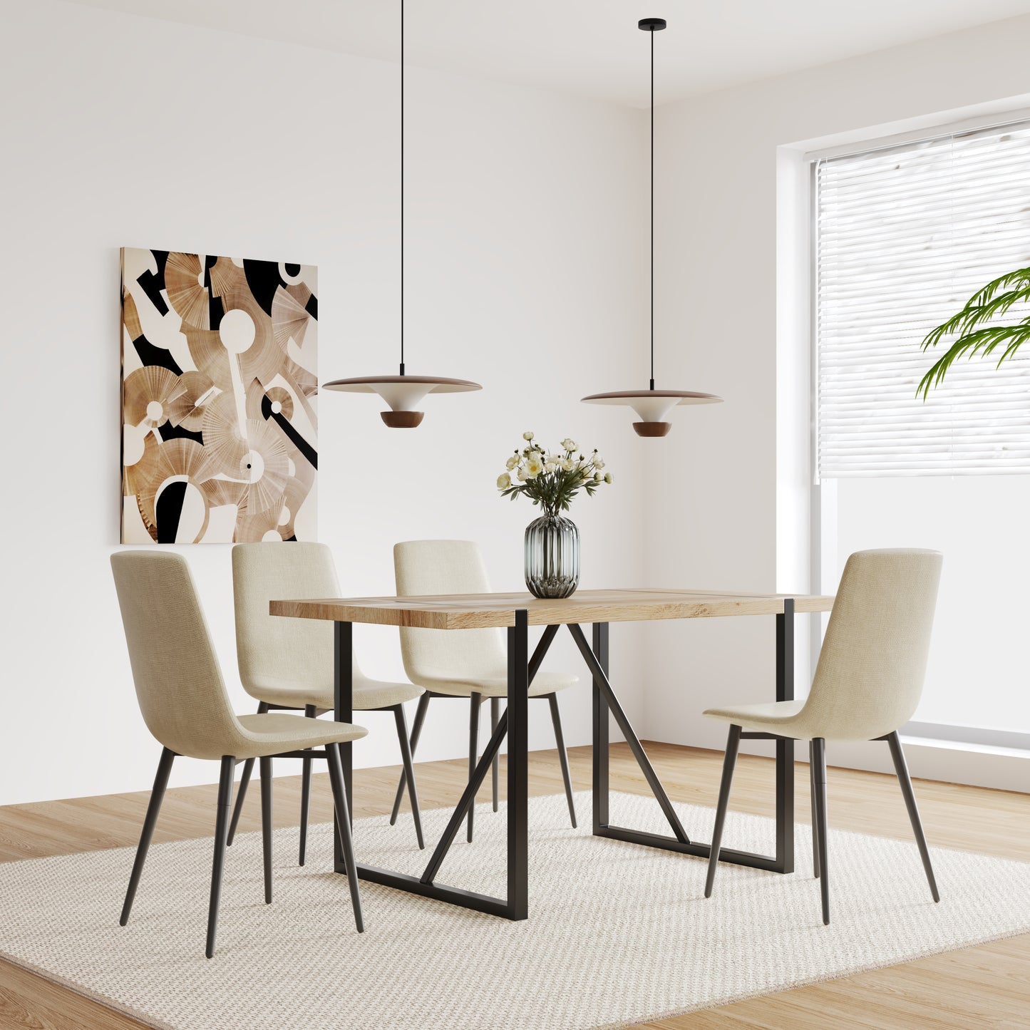 5-Piece Dining Table Set - Natural Beige MDF, 4 Chairs