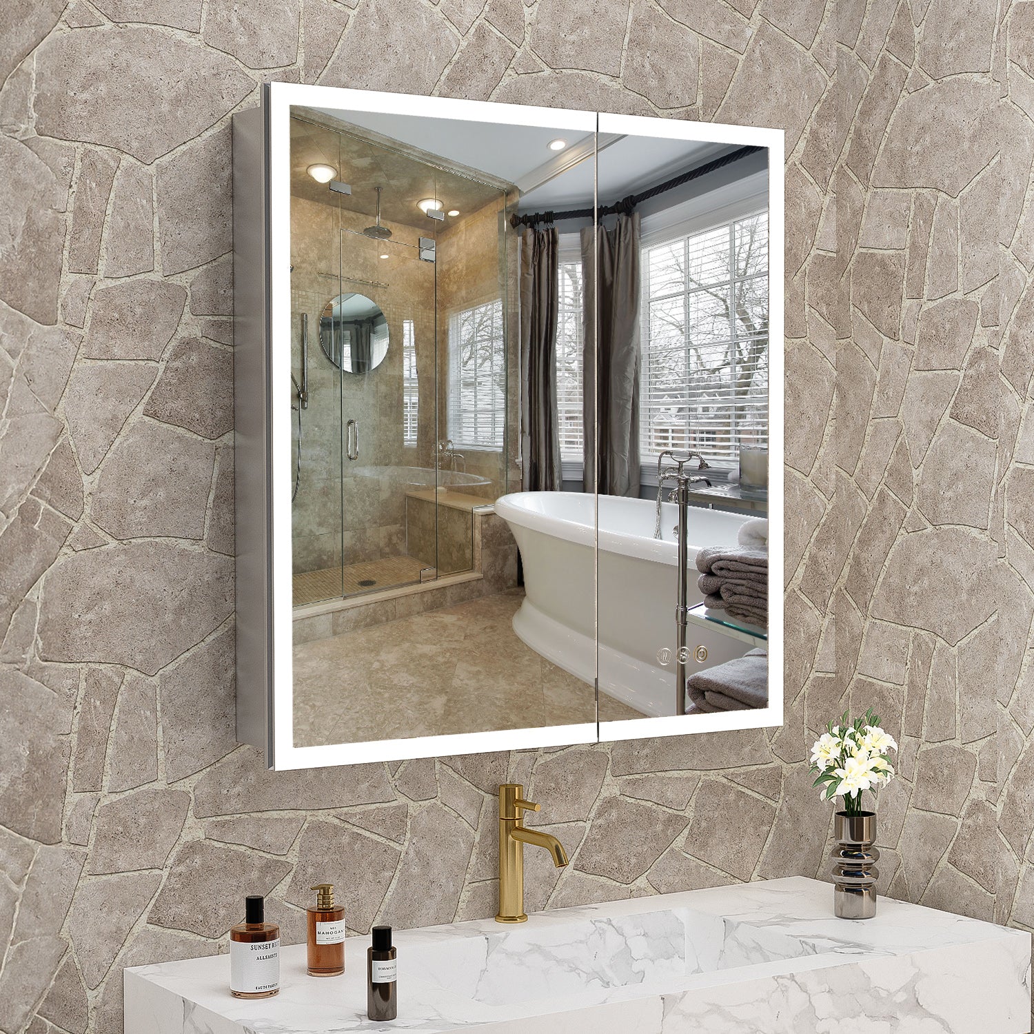 LED Lighted Medicine Cabinet with Mirror, 30*32Inches Bathroom Mirror Cabinet with Lights,Recessed or Wall Mounted, 3 Color TemperaturesAnti-Fog