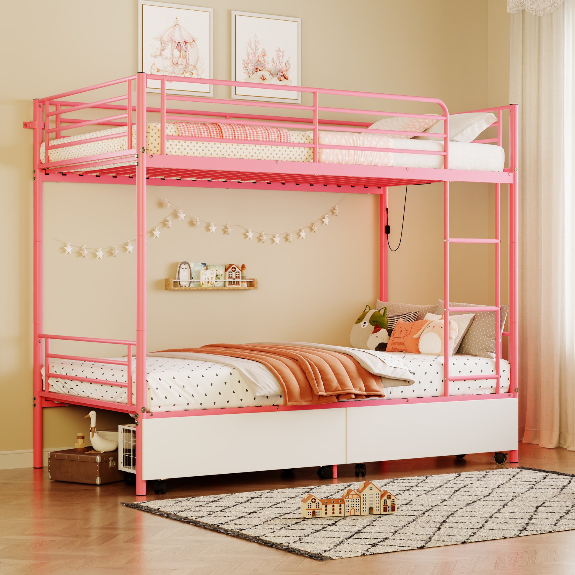 Bunk Bed with USB Charging Station, Able to Split, Metal Bunk Bed, Storage Space, Bed with Safety Guardrail & Ladders, No Box Spring Needed,Pink
