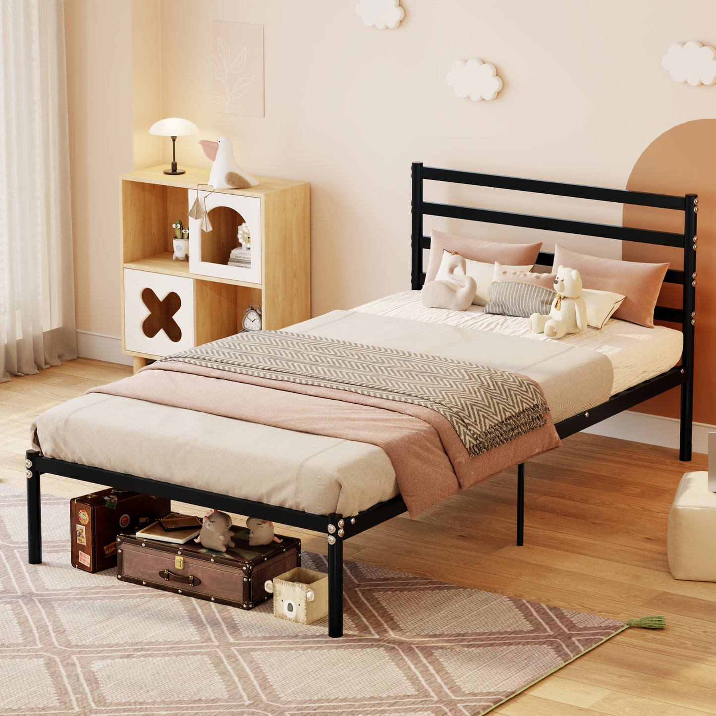 Classic Metal Platform Bed Frame Mattress Foundation  Large Under Bed Storage Easy Assembly Twin Size Black