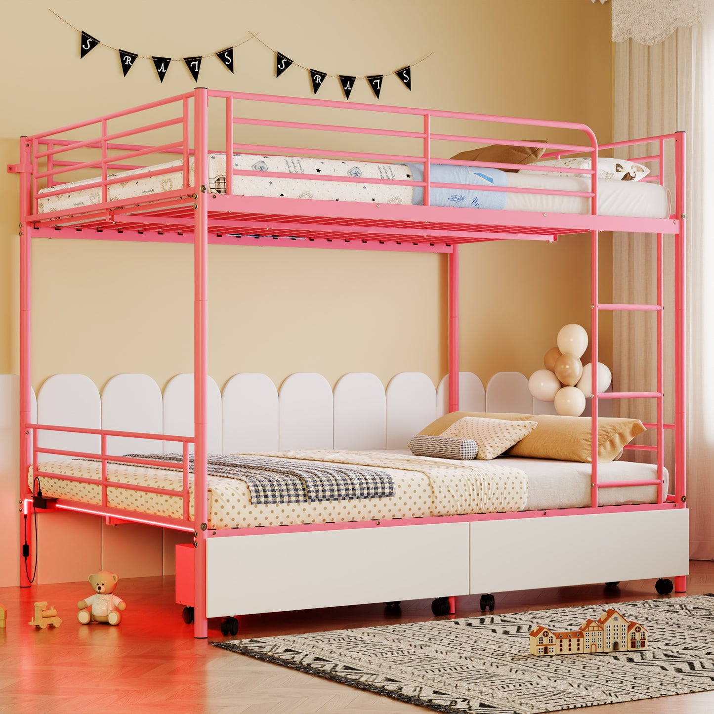 Bunk Bed with USB Charging Station, Able to Split, Metal Bunk Bed, Storage Space, Bed with Safety Guardrail & Ladders, No Box Spring Needed
PINK