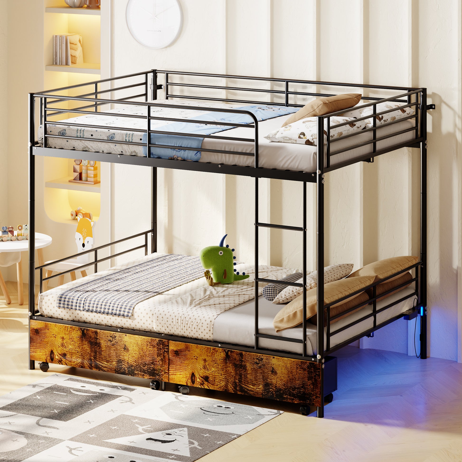 Bunk Bed with USB Charging Station, Able to Split, Metal Bunk Bed, Storage Space, Bed with Safety Guardrail & Ladders, No Box Spring Needed
Black