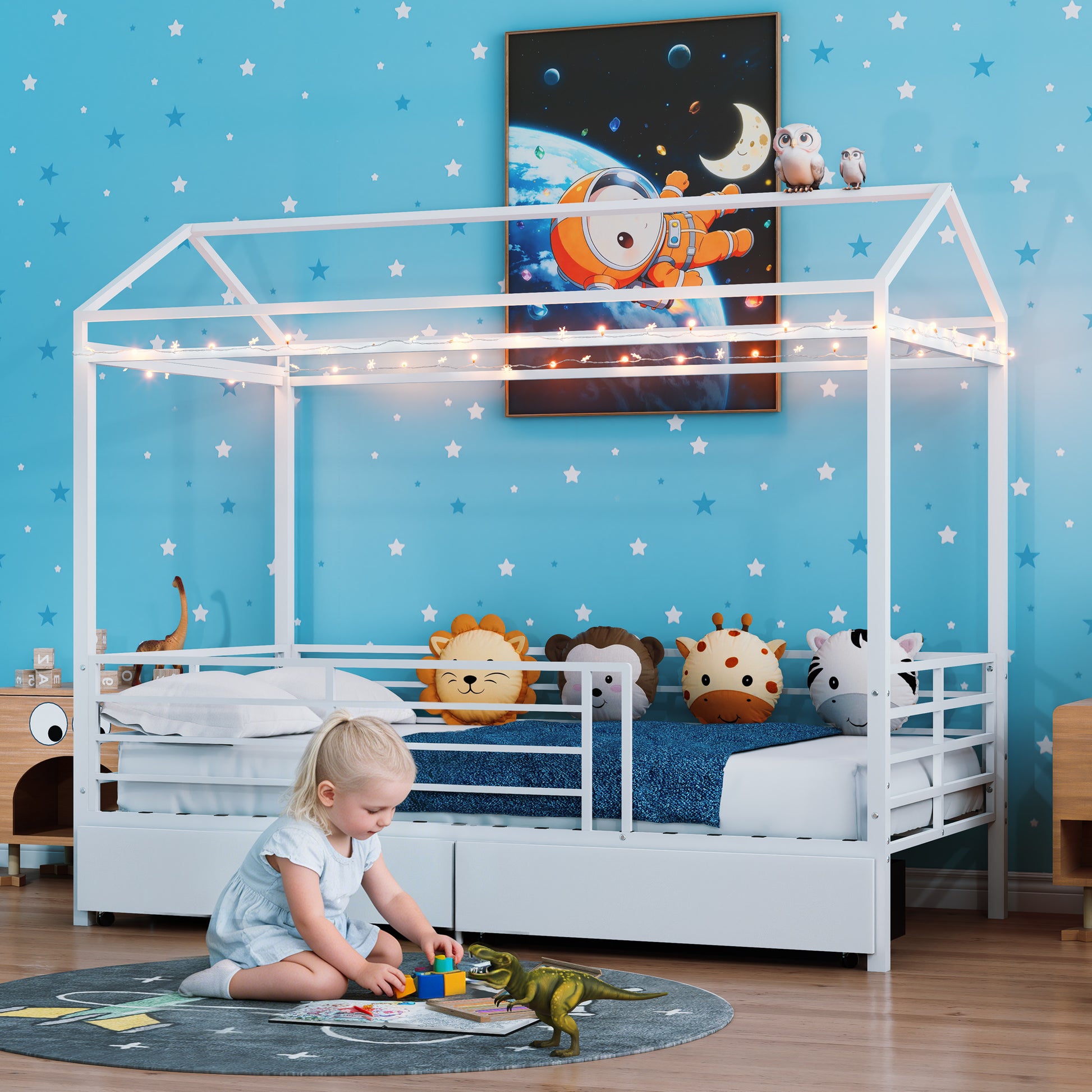 House Bed for Kids , Floor Bed for Boys Girls,Bed Frame with Roof,No Box Spring Needed White