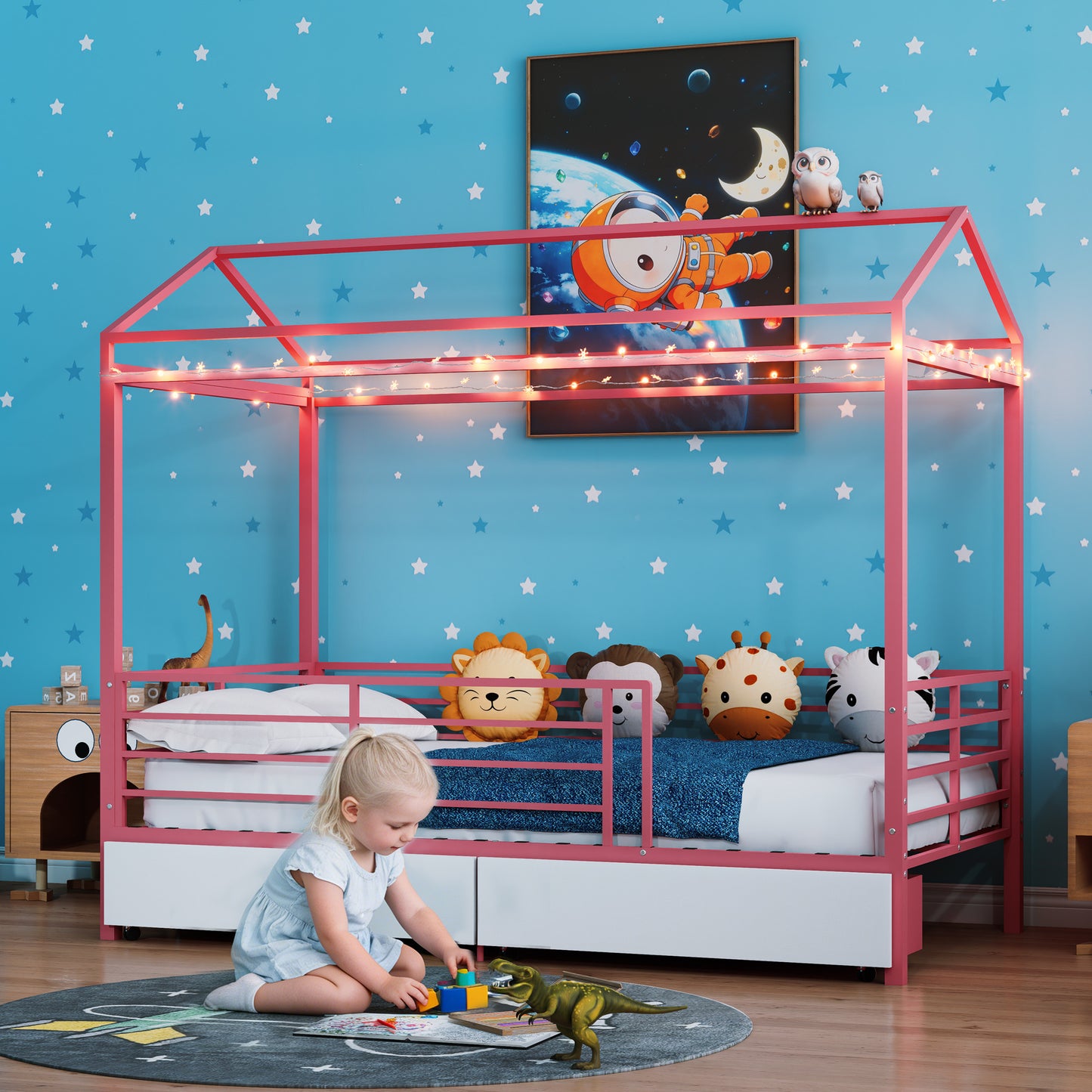 House Bed for Kids , Floor Bed for Boys Girls,Bed Frame with Roof,No Box Spring Needed Pink