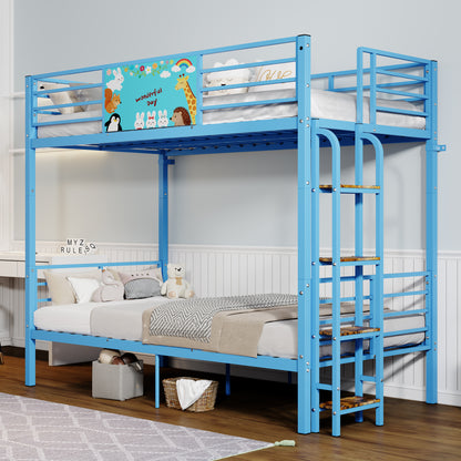 Twin Over Twin Metal Bunk Bed,Floor Bunk Bed Frame with Ladder,Heavy Duty Metal Slats Support No Box Spring Needed Small Space Saving Furniture for Bedroom Dorm,,BLUE