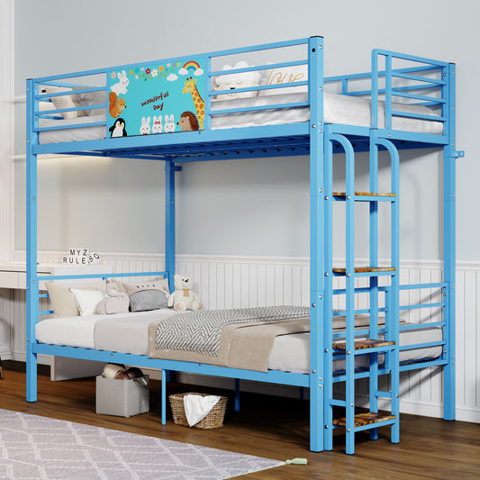 Twin Over Twin Metal Bunk Bed,Floor Bunk Bed Frame with Ladder,Heavy Duty Metal Slats Support No Box Spring Needed Small Space Saving Furniture for Bedroom Dorm,,BLUE