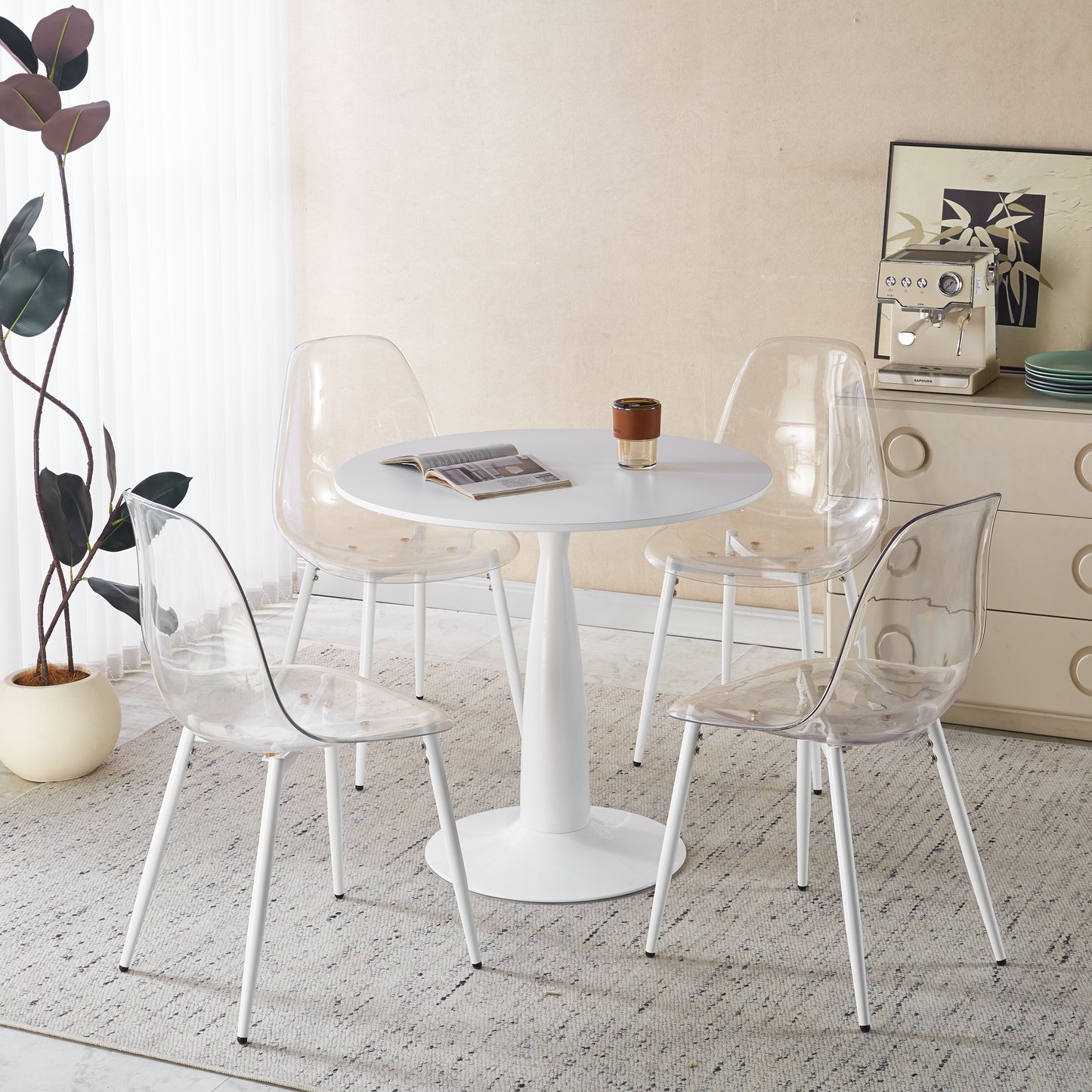 1+4,5pieces dining set, Table metal leg Mid-century Dining Table for 4-6 people With MDF Table Top, Pedestal Dining Table, End Table Leisure Coffee Table,white SET