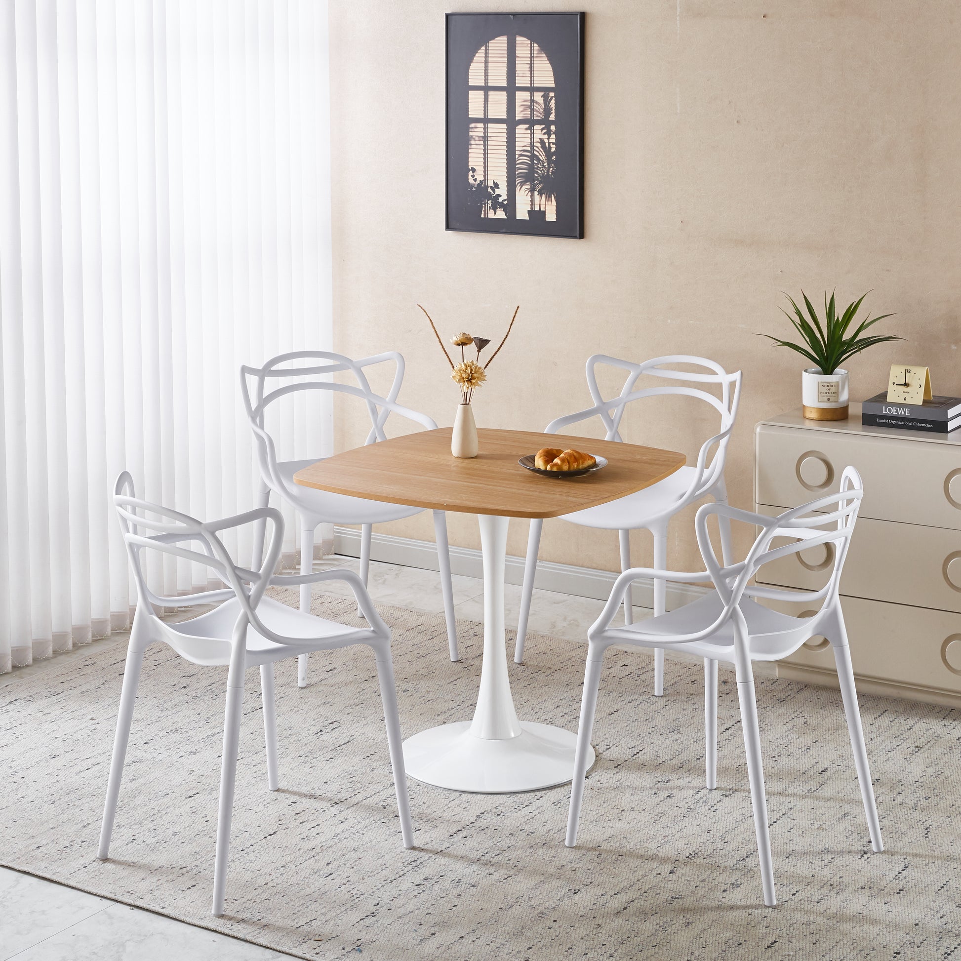 1+4,5pieces dining set, Table metal leg Mid-century Dining Table for 4-6 people With MDF Table Top, Pedestal Dining Table, End Table Leisure Coffee Table,white SET