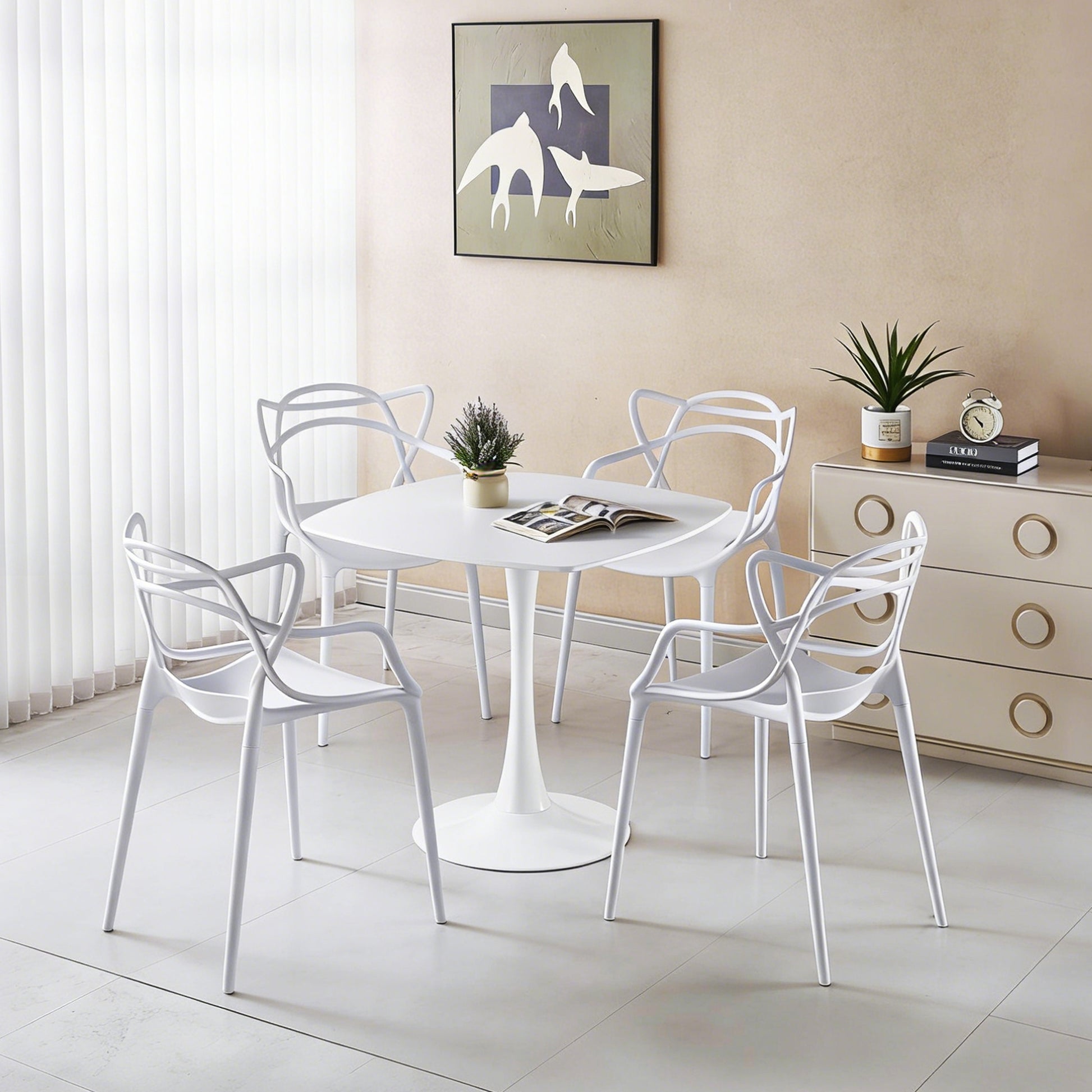 1+4,5pieces dining set, Table metal leg Mid-century Dining Table for 4-6 people With MDF Table Top, Pedestal Dining Table, End Table Leisure Coffee Table,white SET