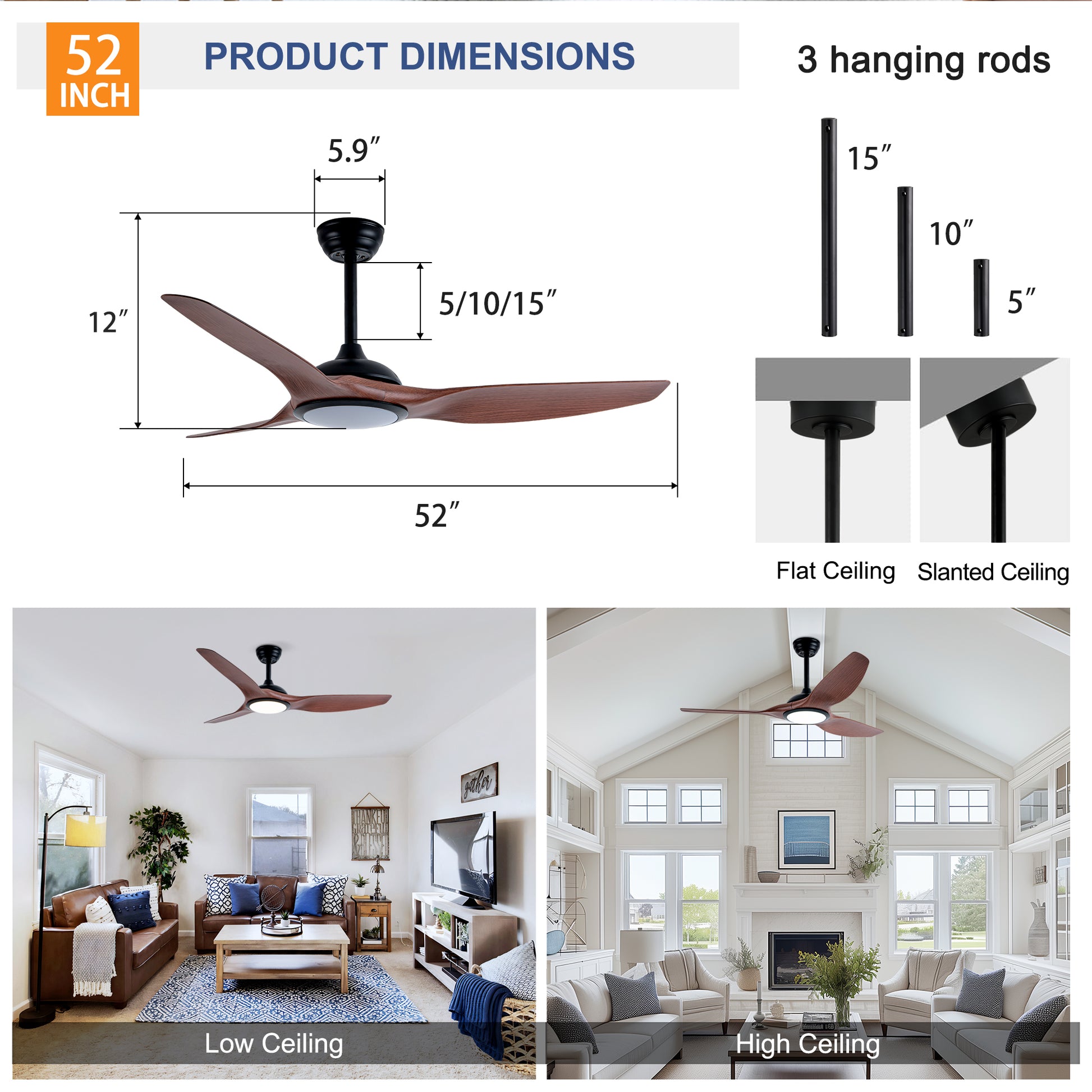 52 Inch ABS Blades Ceiling Fan - Matte White, Remote Control
