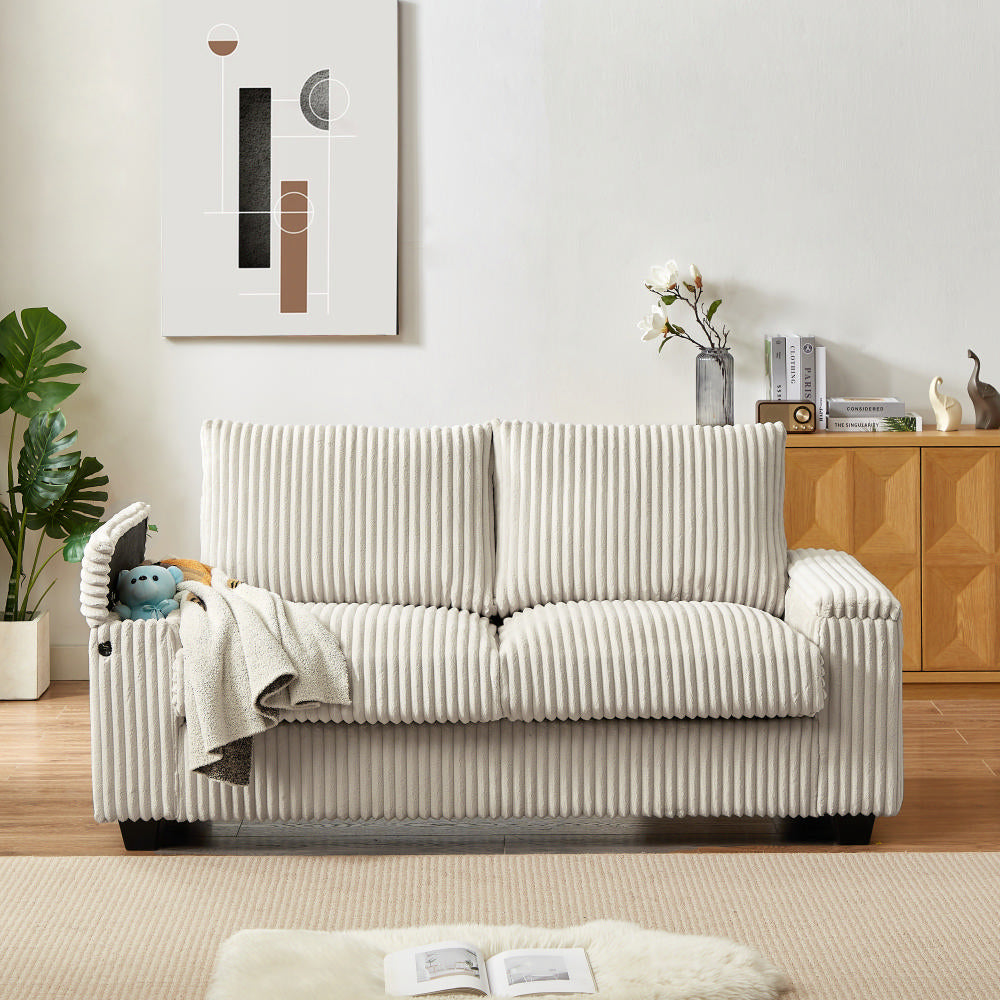 71"  Sofa Plush Corduroy Square Storage Armrest USB port