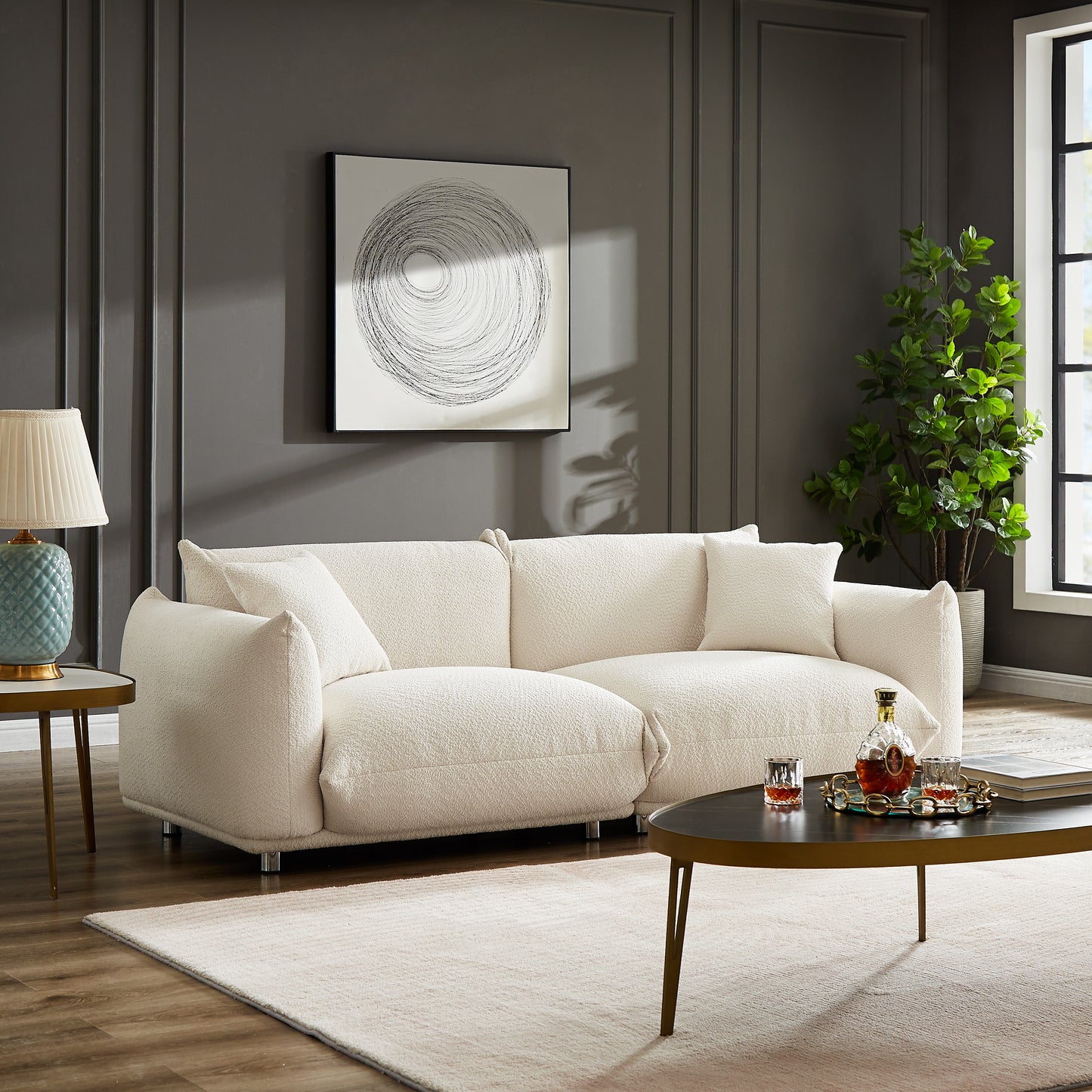 White Sherpa Loveseat Sofa - 2 Seat, Metal Legs for Living Room