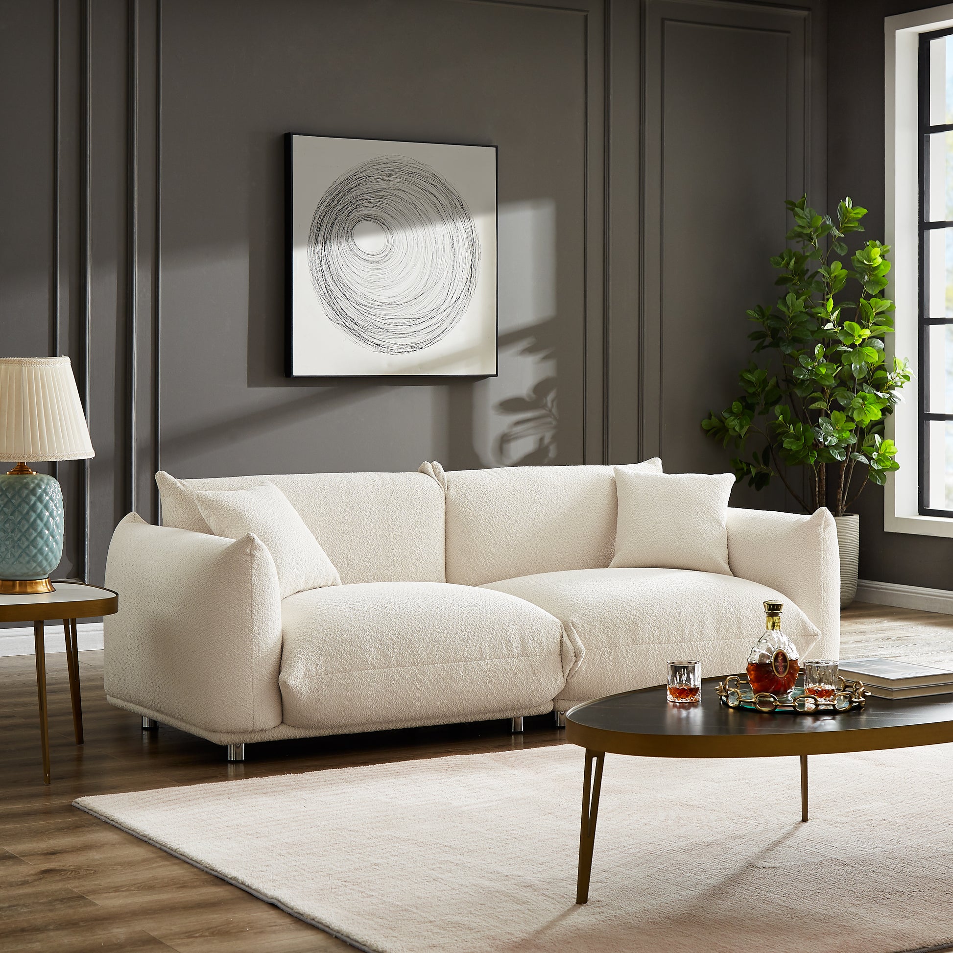 White Sherpa Loveseat Sofa - 2 Seat, Metal Legs for Living Room