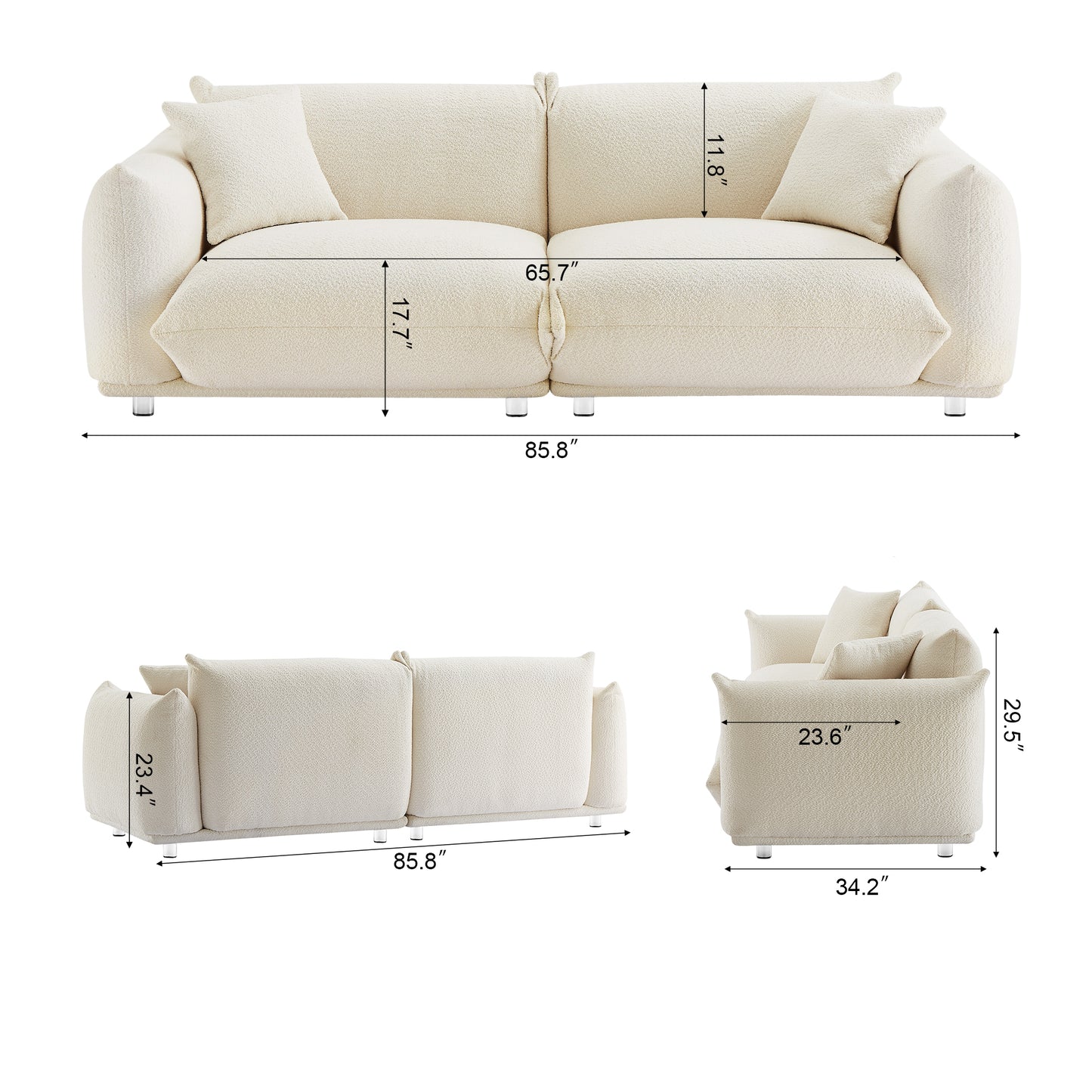 White Sherpa Loveseat Sofa - 2 Seat, Metal Legs for Living Room