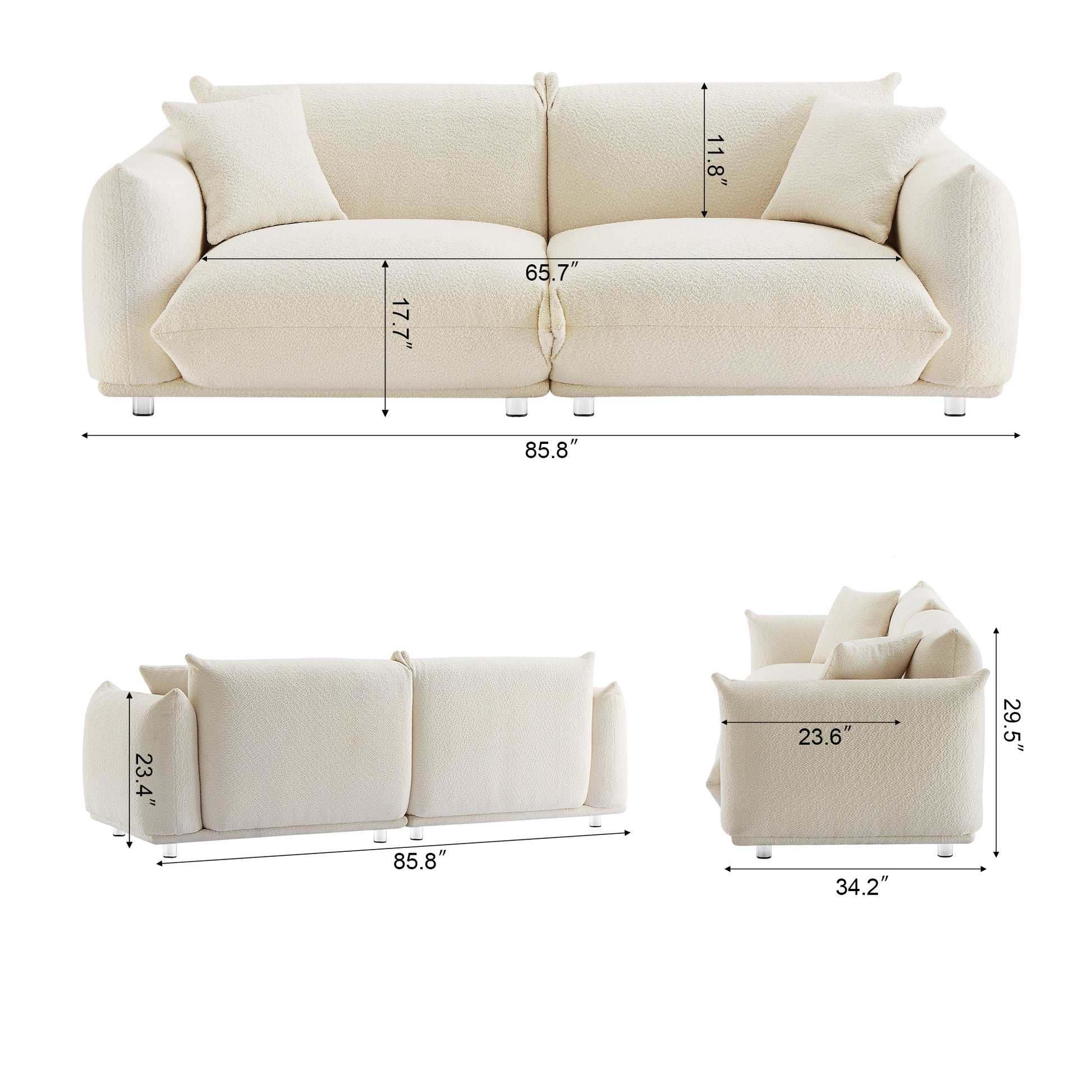 White Sherpa Loveseat Sofa - 2 Seat, Metal Legs for Living Room