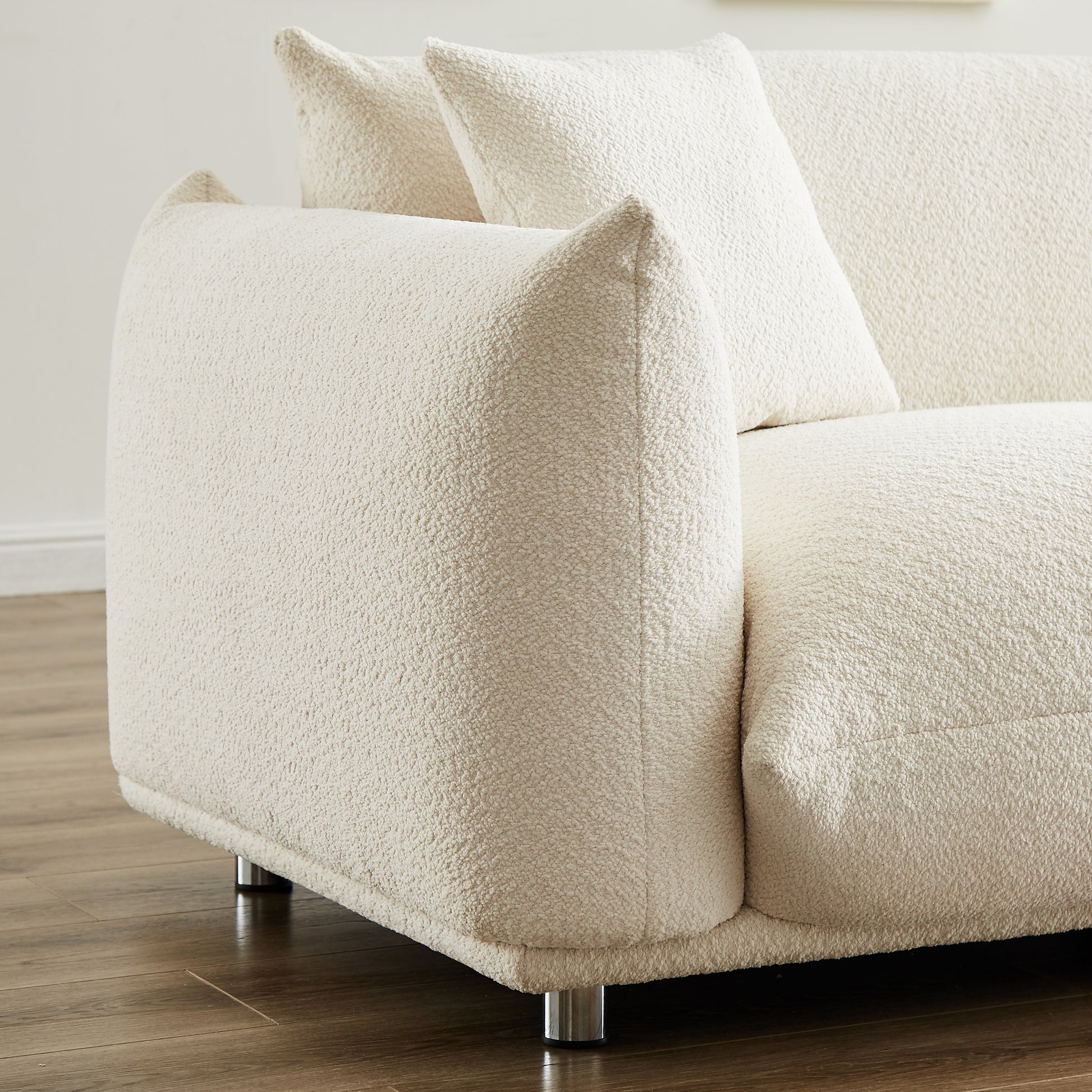 White Sherpa Loveseat Sofa - 2 Seat, Metal Legs for Living Room