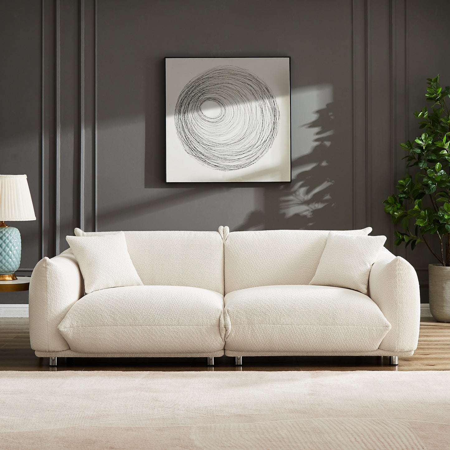 Oversized Loveseat Sofa for Living Room, Sherpa Sofa with Metal Legs, 3 Seater Sofa, Solid Wood Frame Couch with 2 Pillows, for Apartment Office Living Room - White