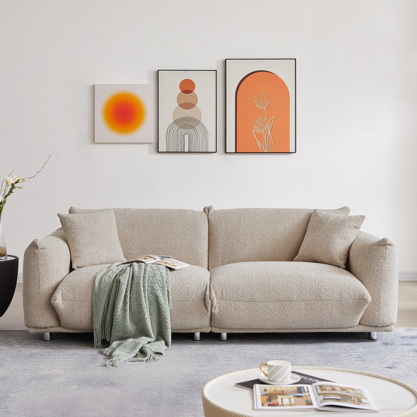 Oversized Loveseat Sofa for Living Room, Sherpa Sofa with Metal Legs, 3 Seater Sofa, Solid Wood Frame Couch with 2 Pillows, for Apartment Office Living Room - CAMEL