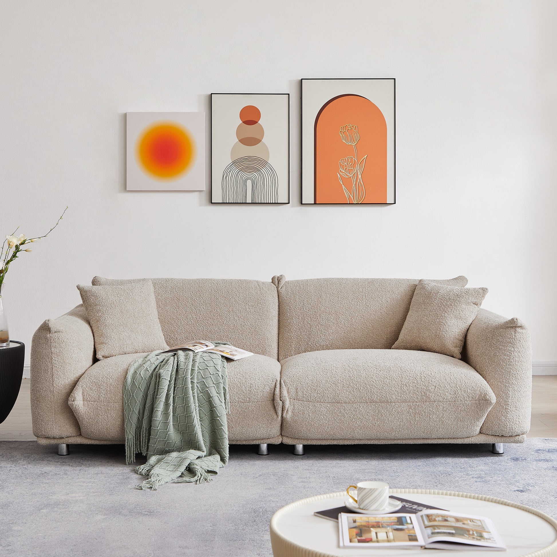 Oversized Loveseat Sofa for Living Room, Sherpa Sofa with Metal Legs, 3 Seater Sofa, Solid Wood Frame Couch with 2 Pillows, for Apartment Office Living Room - CAMEL