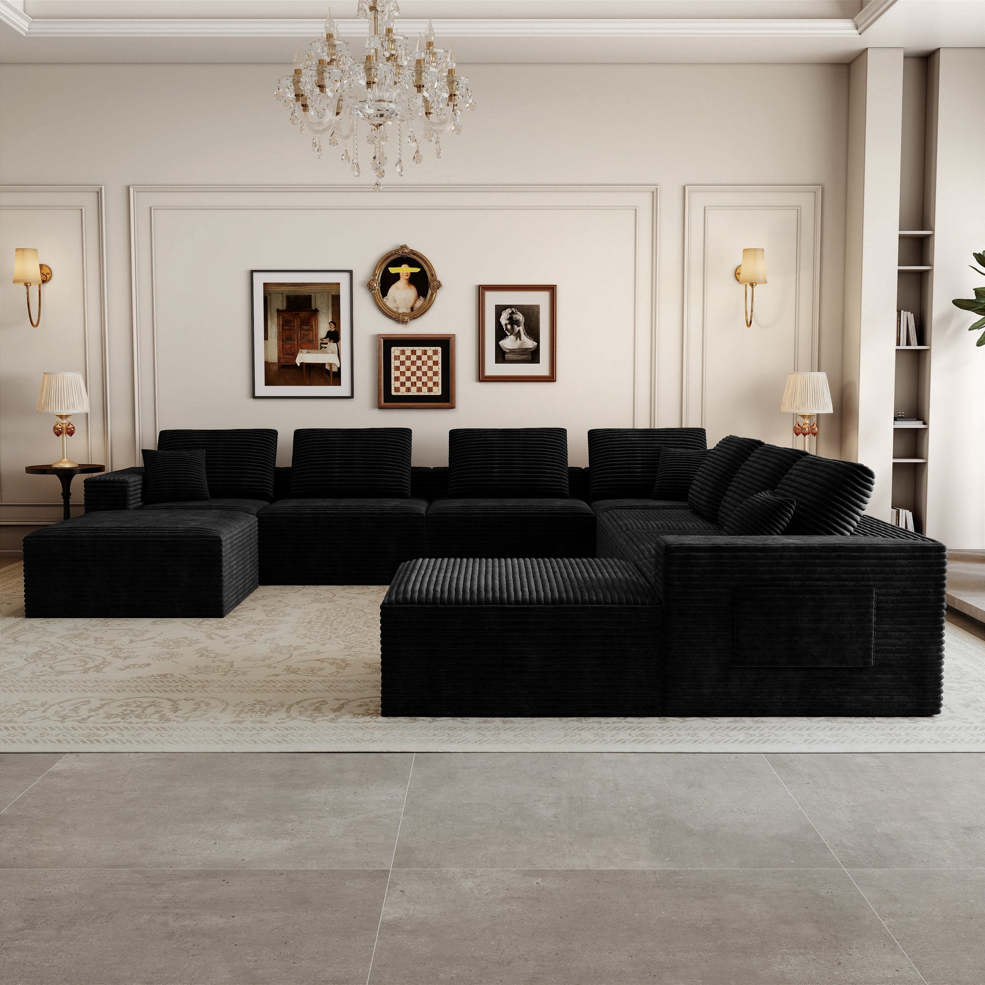 9 Seat Black Foam Sectional Sofa - Corduroy Fabric for Living Room