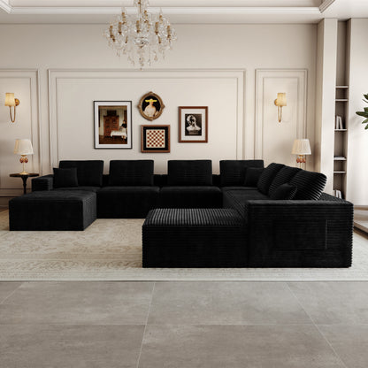 9 Seat Black Foam Sectional Sofa - Corduroy Fabric for Living Room