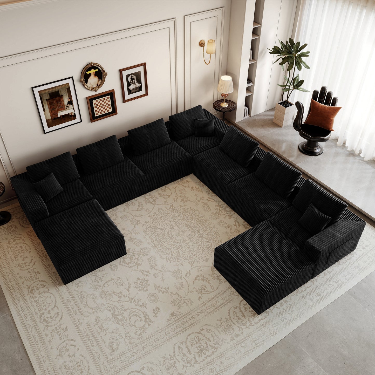 9 Seat Black Foam Sectional Sofa - Corduroy Fabric for Living Room
