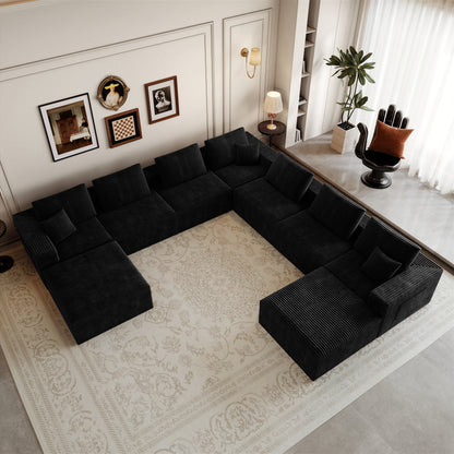 9 Seat Black Foam Sectional Sofa - Corduroy Fabric for Living Room