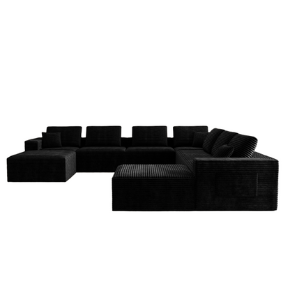 9 Seat Black Foam Sectional Sofa - Corduroy Fabric for Living Room